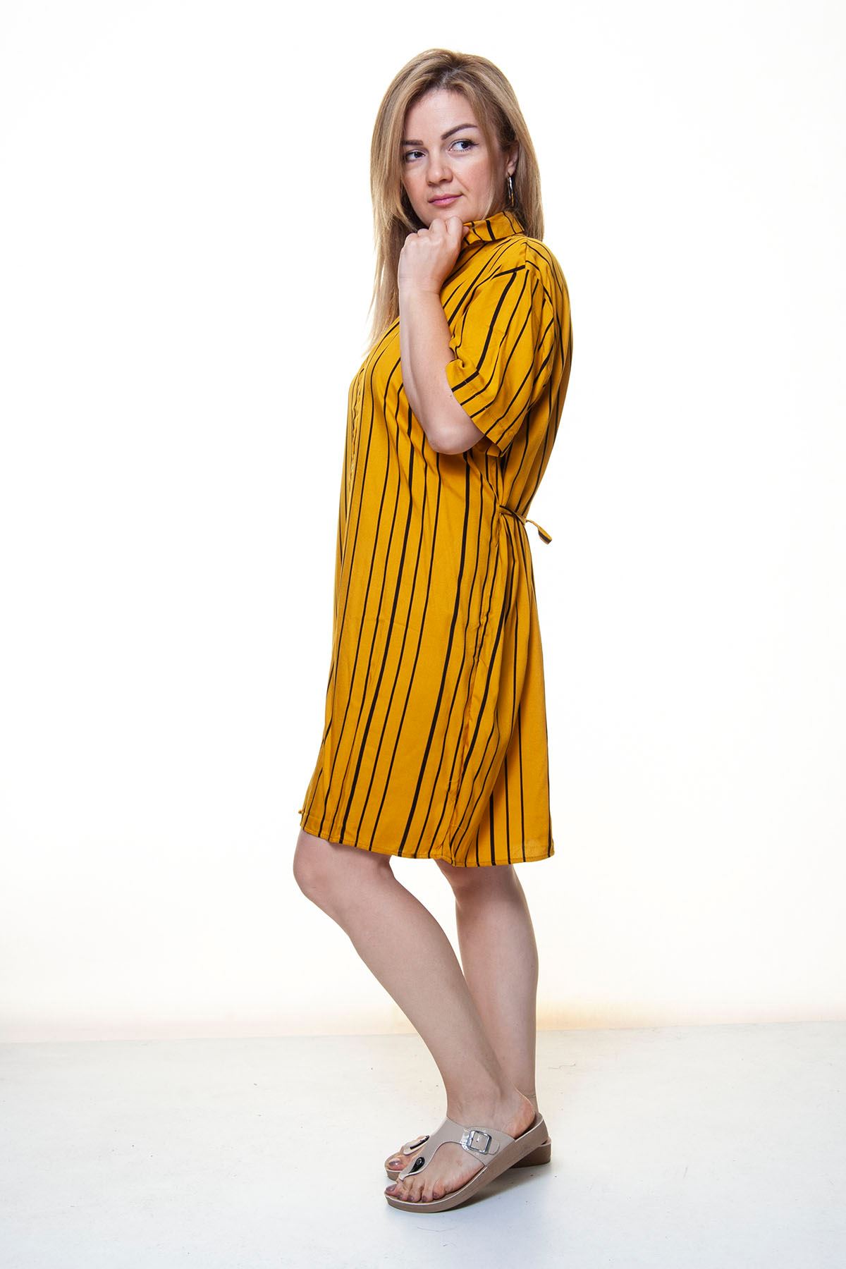Kadın Düğmeli Yazlık Gömlek Elbise 12A-5086