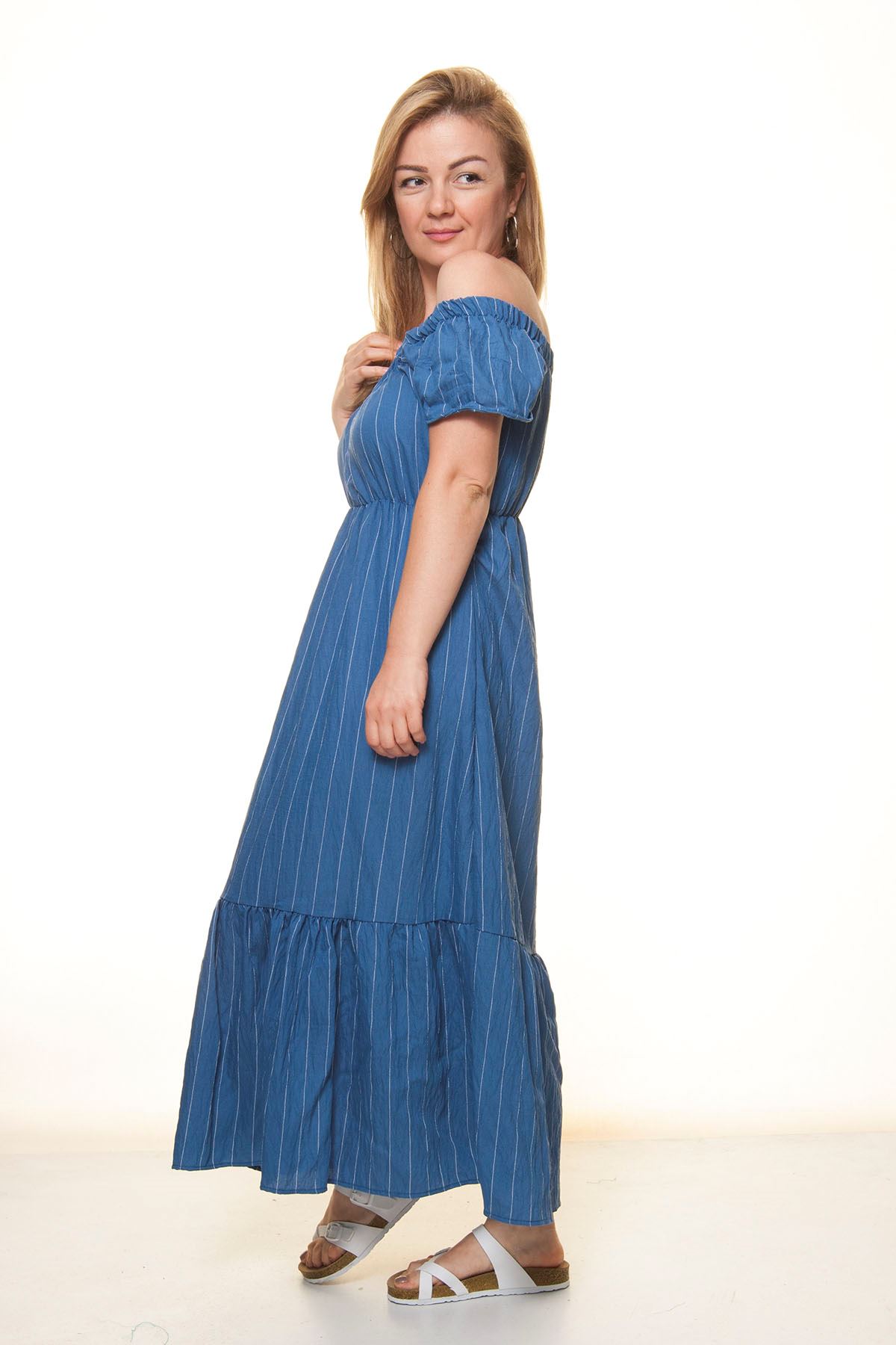 Kadın Madonna Yaka Gipeli Mavi Yazlık Uzun Elbise 12A-5092