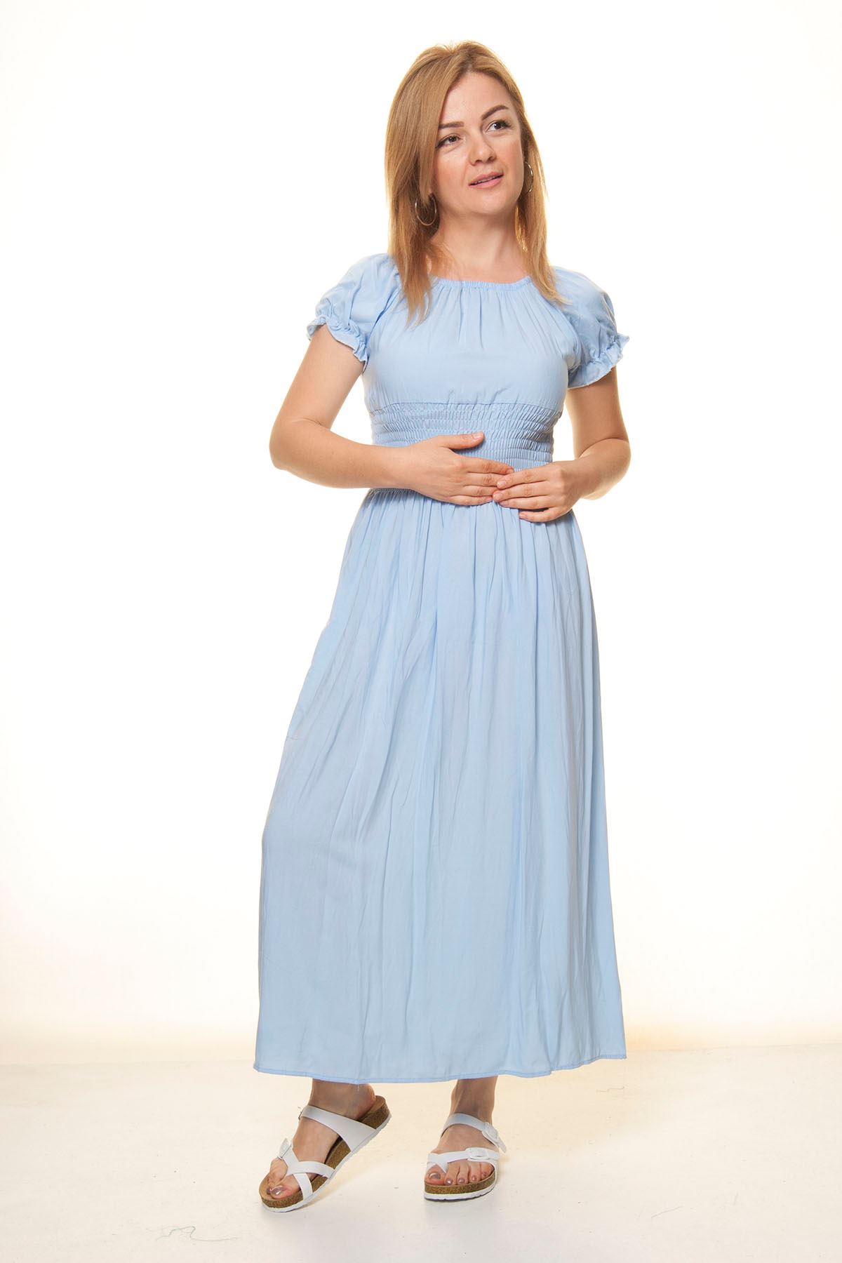 Kadın Madonna Yaka Gipeli Bebe Mavi Yazlık Uzun Elbise 12A-5095