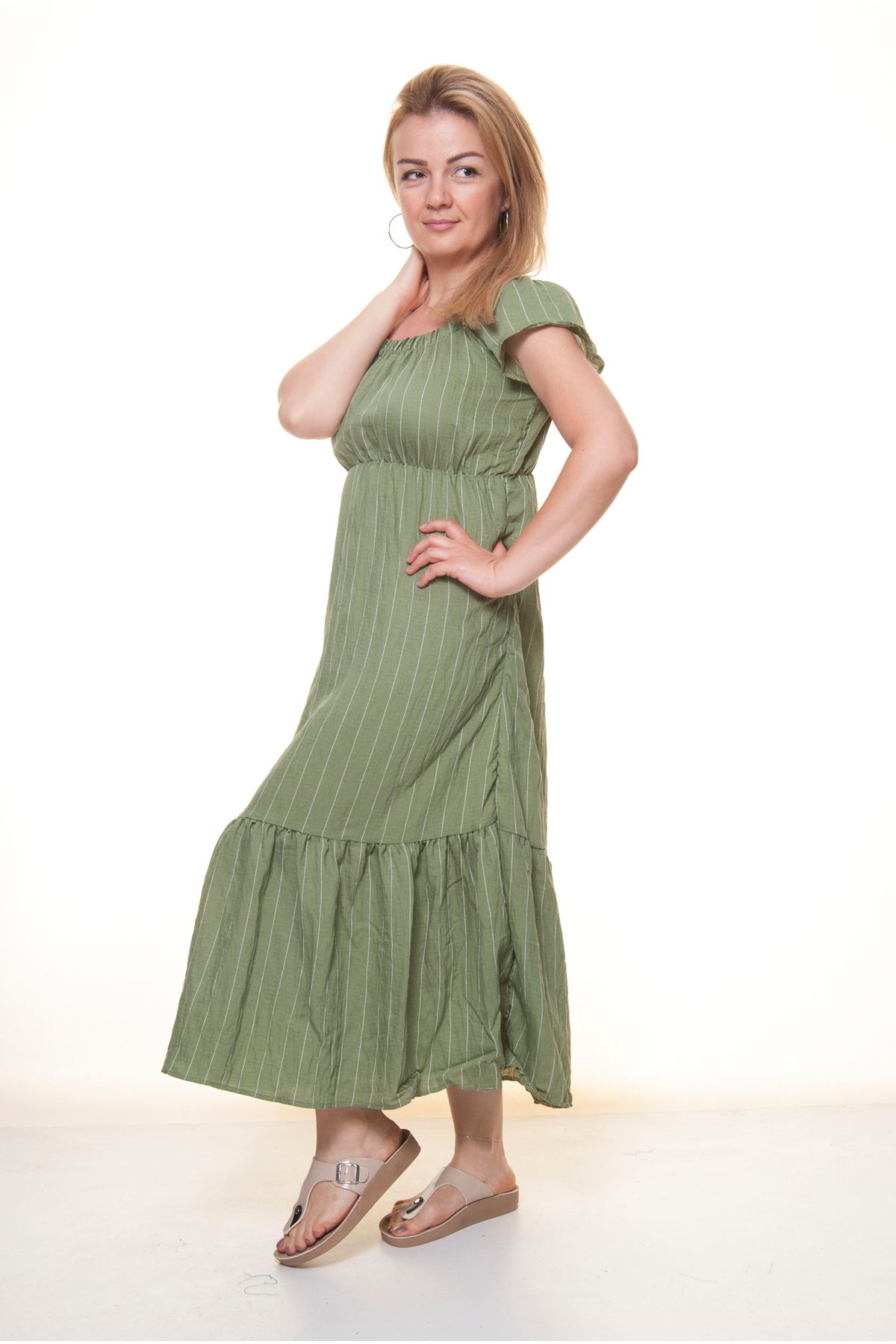 Kadın Madonna Yaka Gipeli Yeşil Yazlık Uzun Elbise 12A-5099