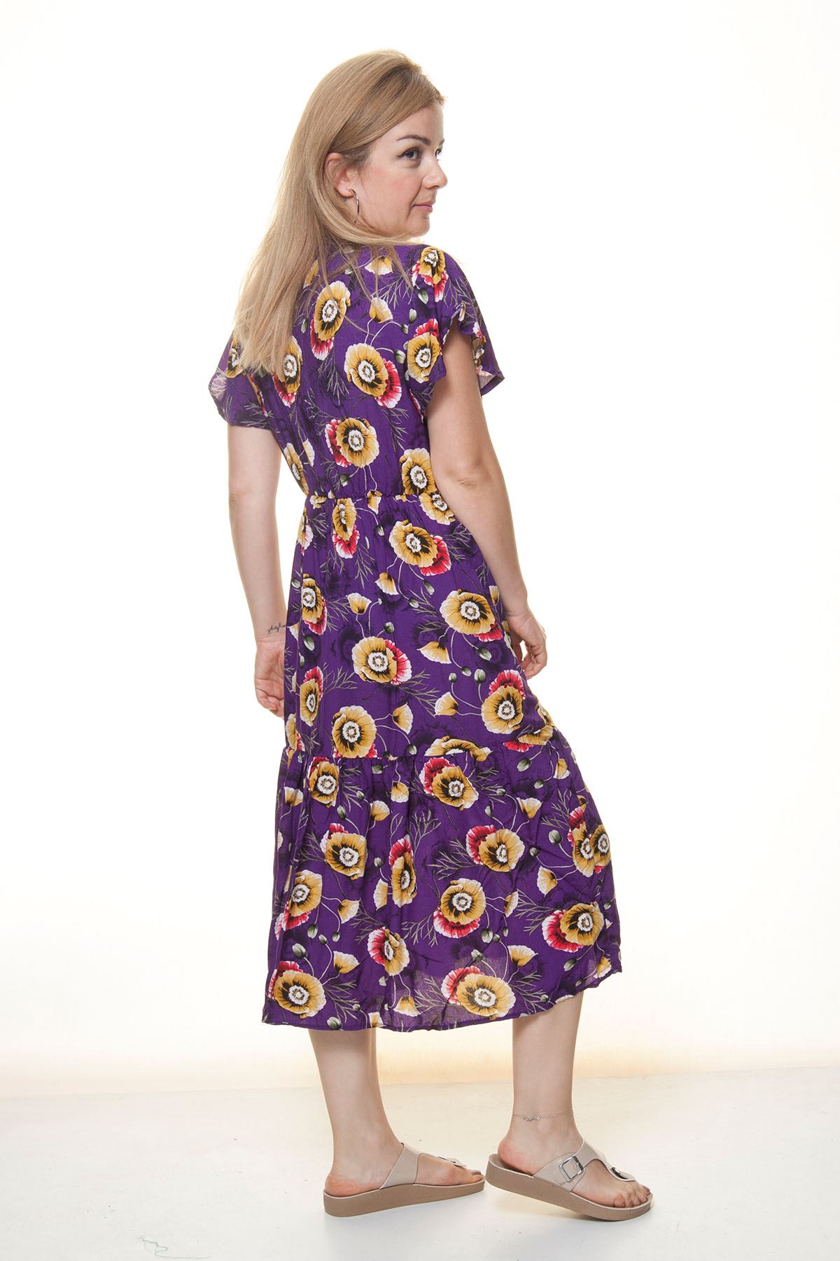 Kadın Kruvaze Yaka  Desenli Yazlık Midi Elbise 12A-6066