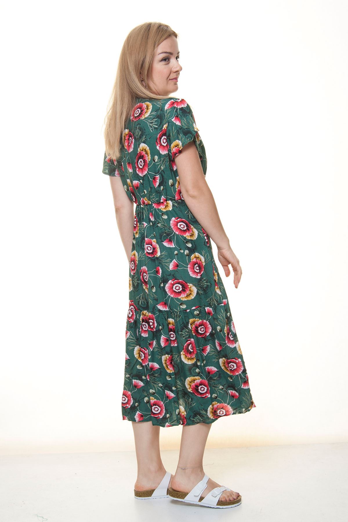 Kadın Kruvaze Yaka  Desenli Yazlık Midi Elbise 12A-6067