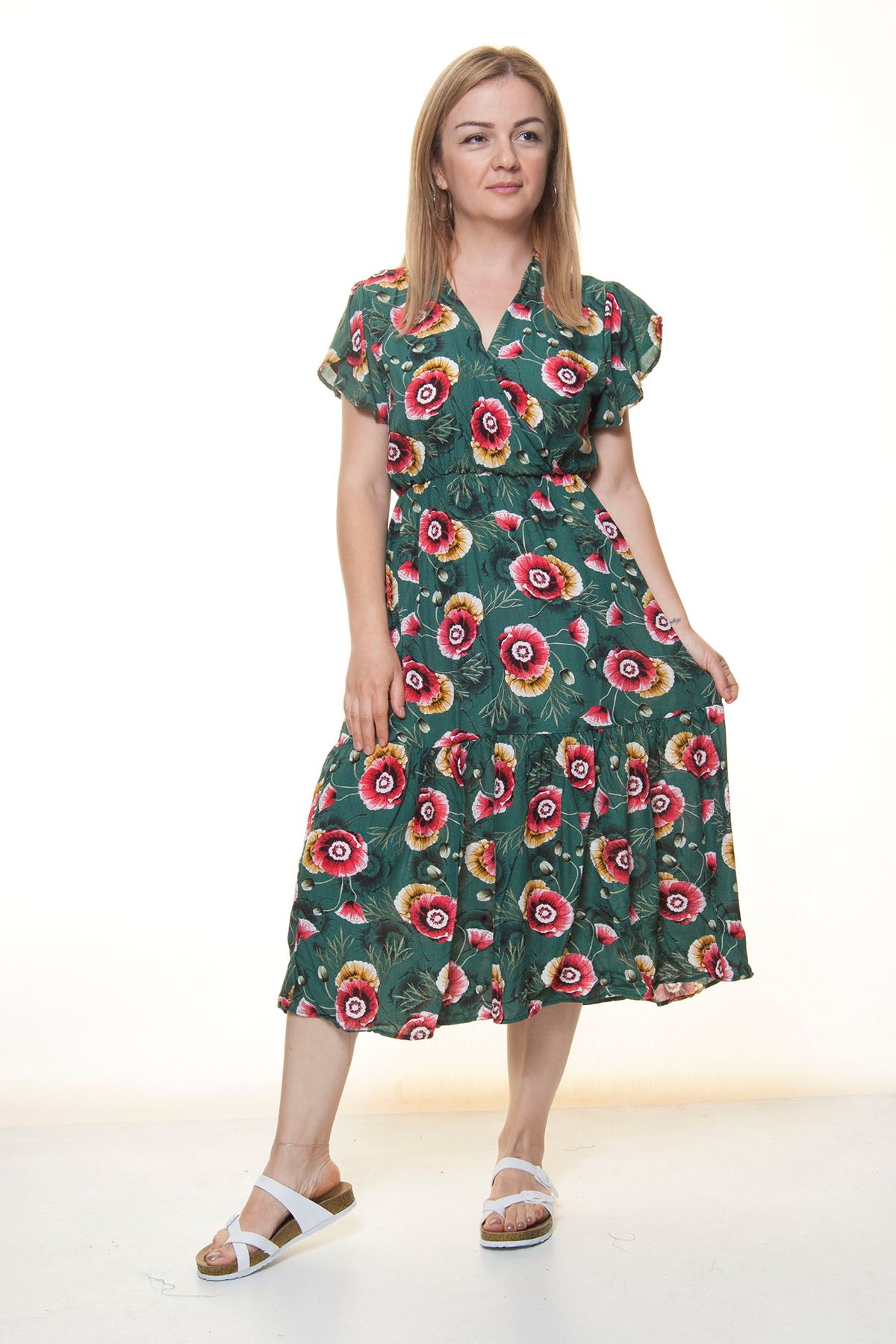 Kadın Kruvaze Yaka  Desenli Yazlık Midi Elbise 12A-6067