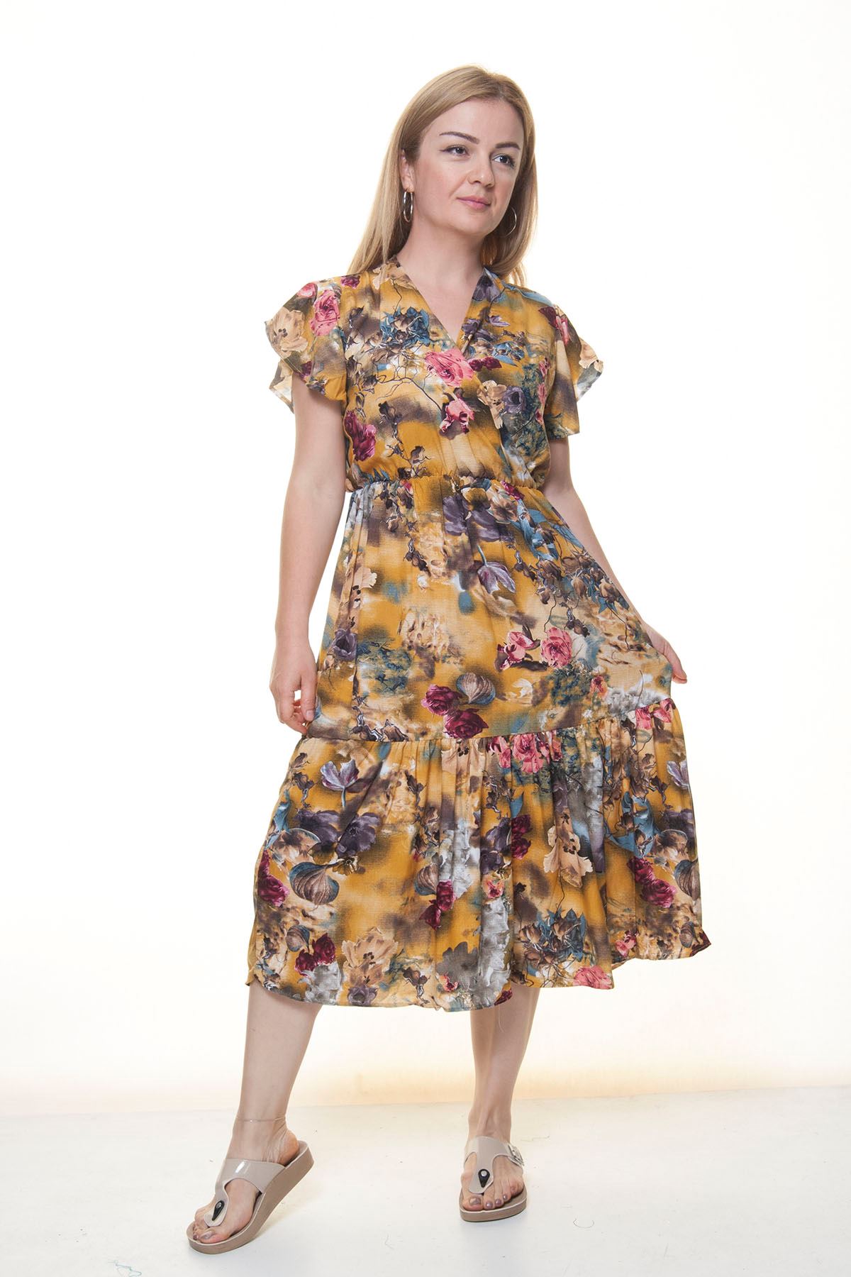 Kadın Kruvaze Yaka  Desenli Yazlık Midi Elbise 12A-6068