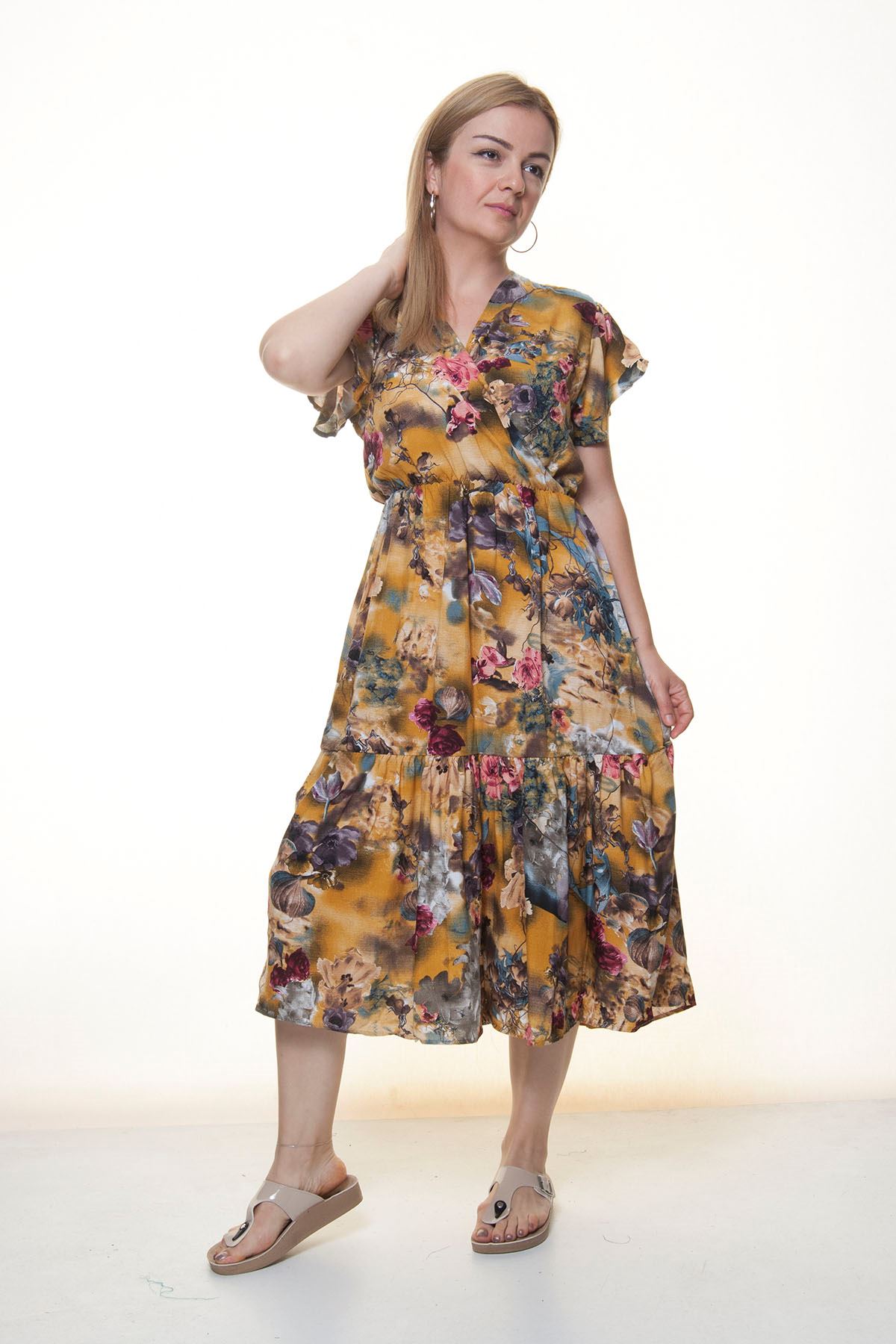 Kadın Kruvaze Yaka  Desenli Yazlık Midi Elbise 12A-6068