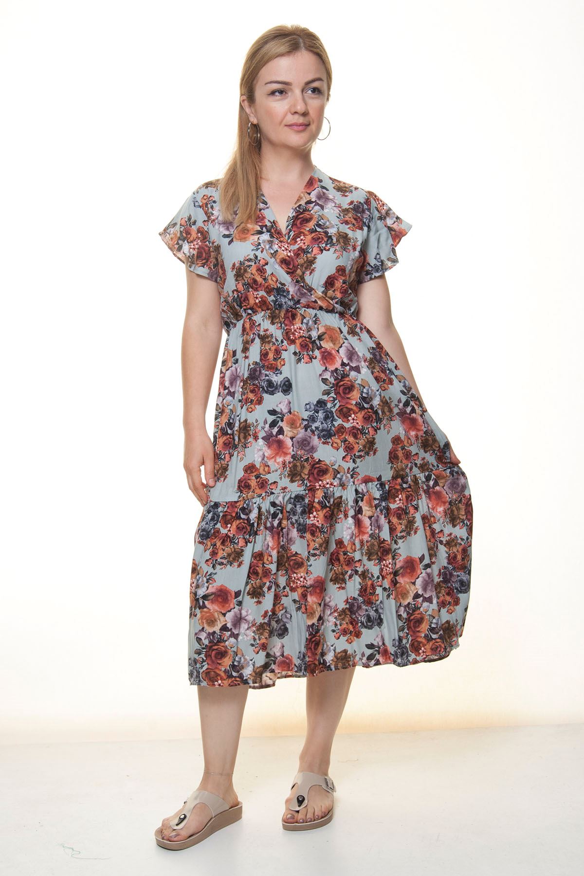 Kadın Kruvaze Yaka  Desenli Yazlık Midi Elbise 12A-6070
