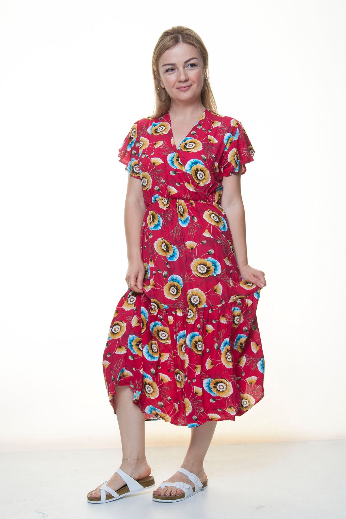 Kadın Kruvaze Yaka  Desenli Yazlık Midi Elbise 12A-6072