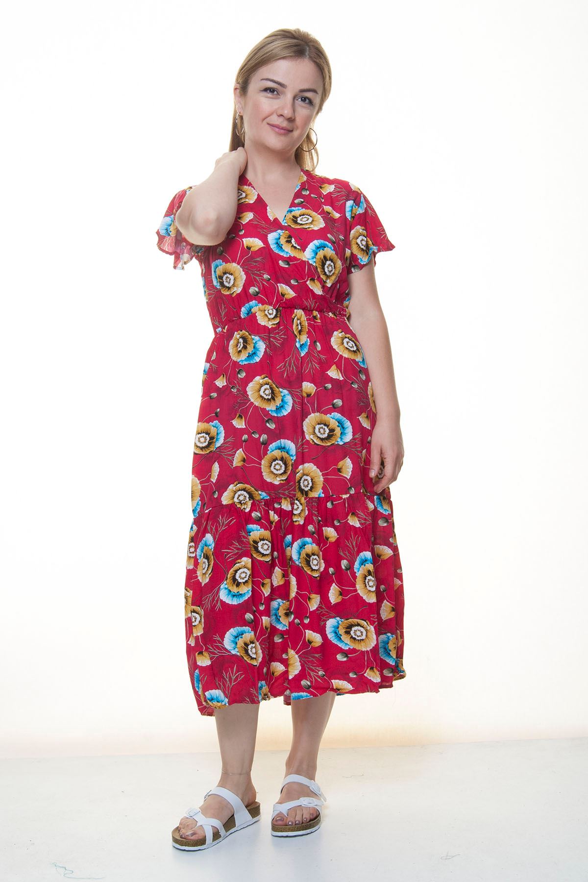 Kadın Kruvaze Yaka  Desenli Yazlık Midi Elbise 12A-6072
