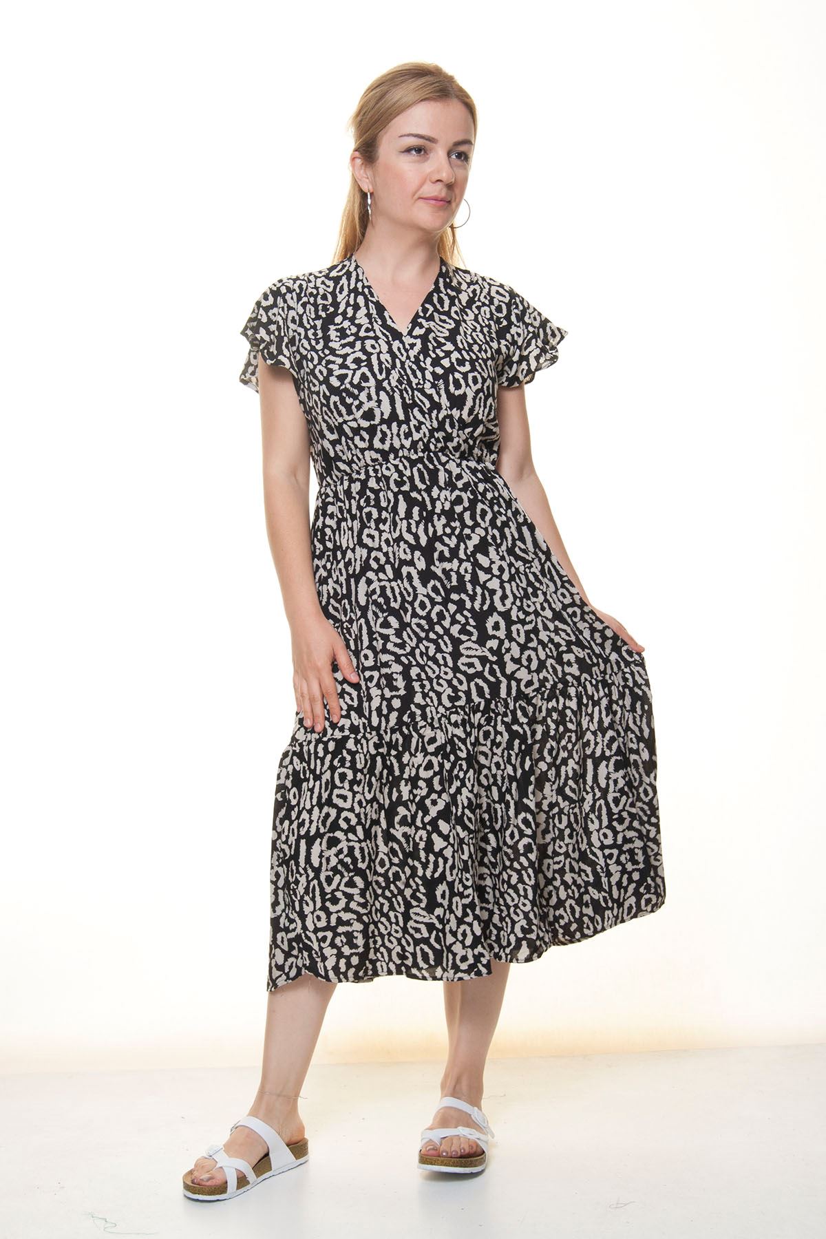 Kadın Kruvaze Yaka  Desenli Yazlık Midi Elbise 12A-6075
