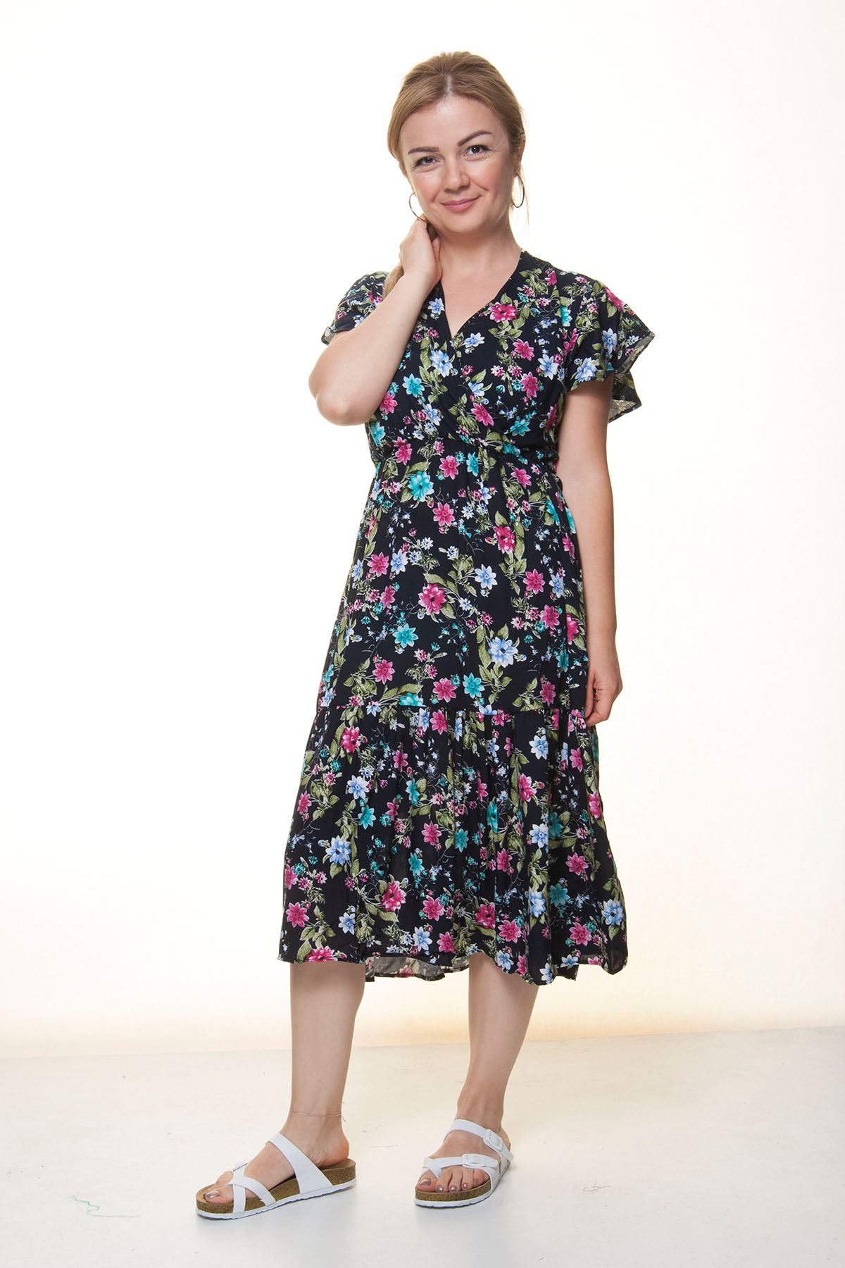 Kadın Kruvaze Yaka  Desenli Yazlık Midi Elbise 12A-6076