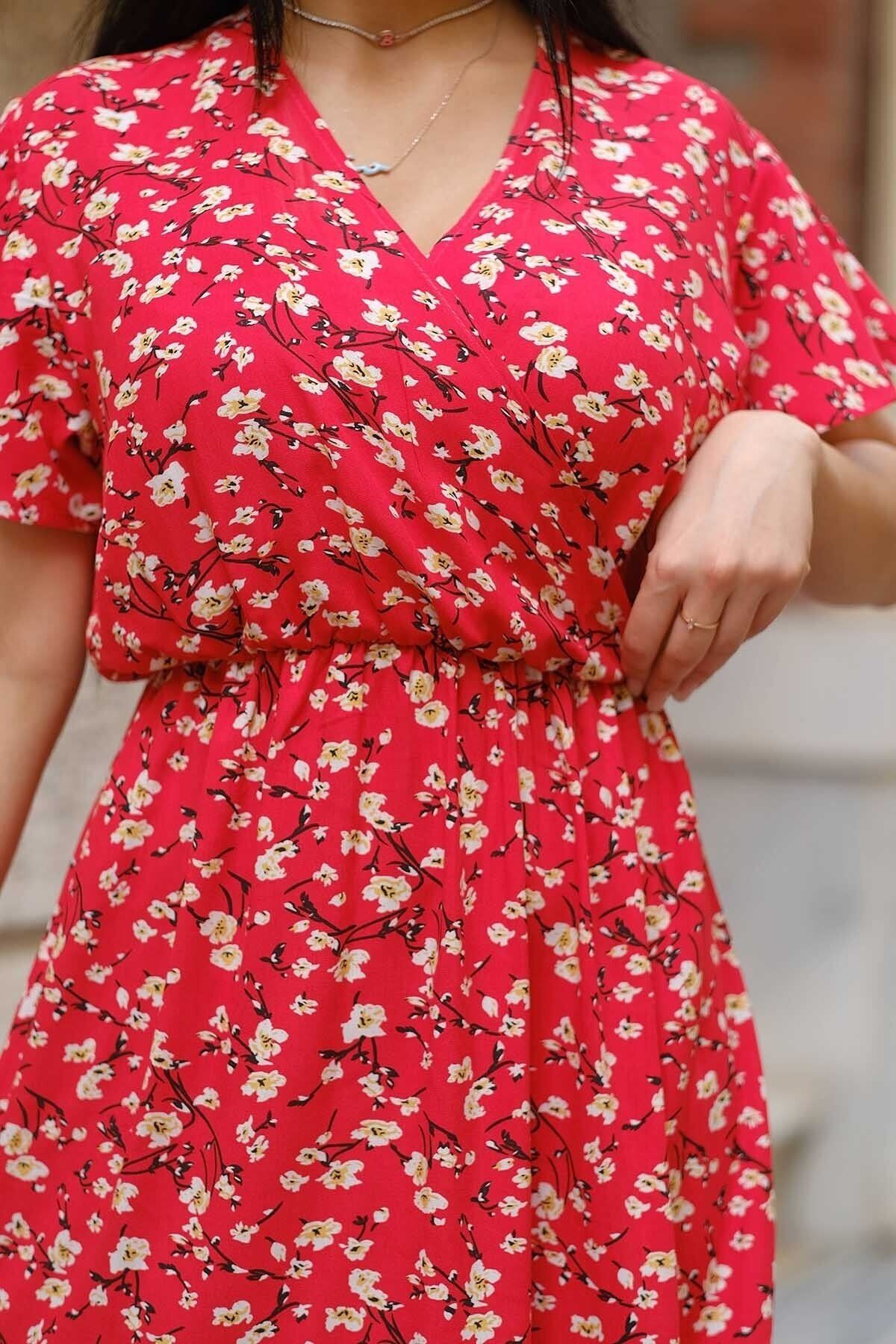 Kadın Kruvaze Yaka Büyük Beden Midi Çiçek Desenli Yazlık Elbise 12A-6080