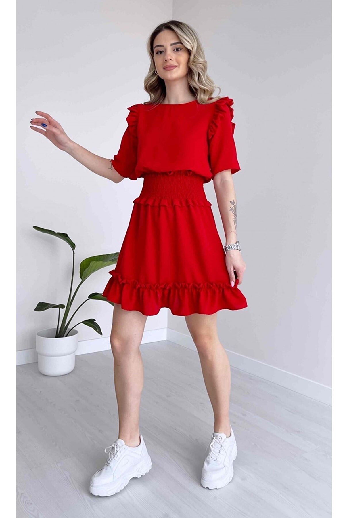 Kadın Aerobin Kumaş Beli Gipeli Kısa Kollu Kırmızı Mini Elbise 1E-6089
