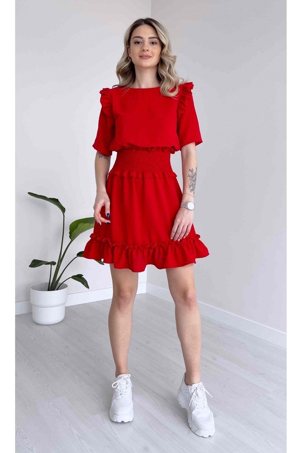 Kadın Aerobin Kumaş Beli Gipeli Kısa Kollu Kırmızı Mini Elbise 1E-6089