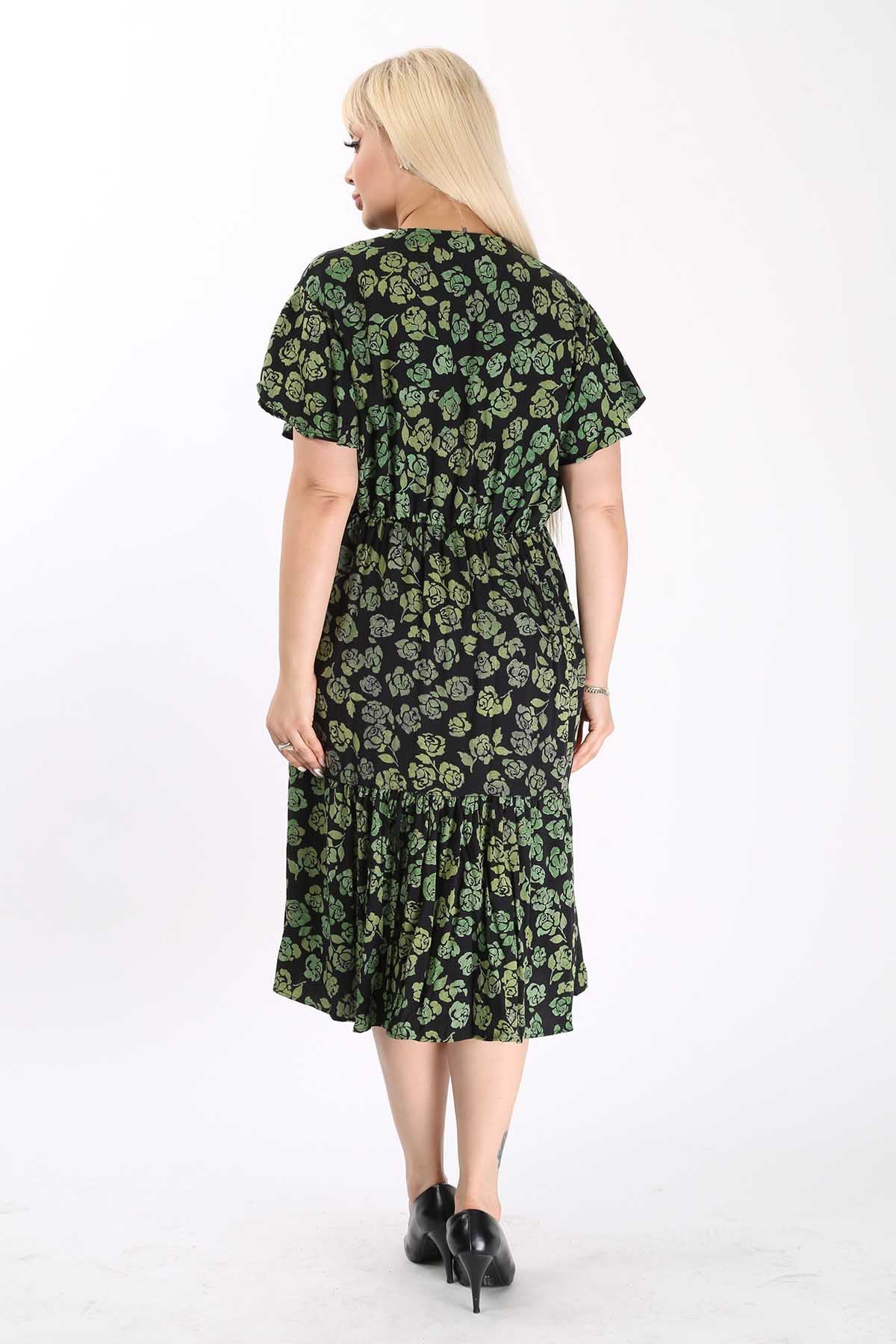 Kadın Kruvaze Yaka Büyük Beden Midi Çiçek Desenli Yazlık Elbise 12A-6093