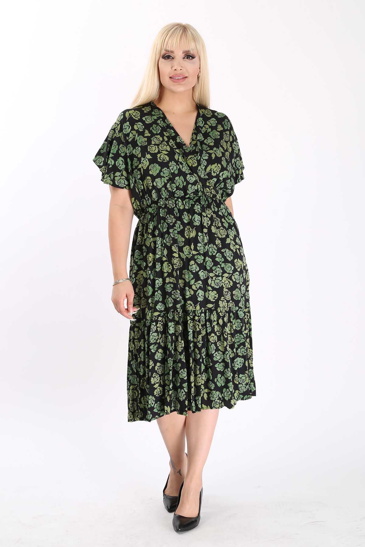 Kadın Kruvaze Yaka Büyük Beden Midi Çiçek Desenli Yazlık Elbise 12A-6093