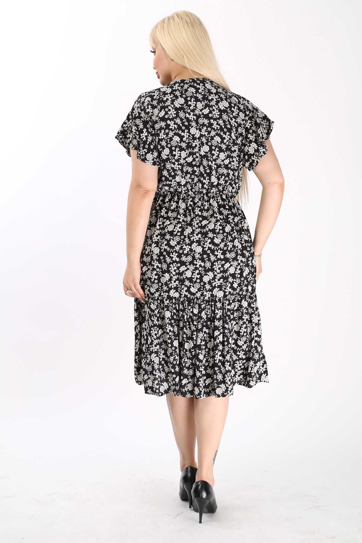 Kadın Kruvaze Yaka Büyük Beden Midi Çiçek Desenli Yazlık Elbise 12A-6095