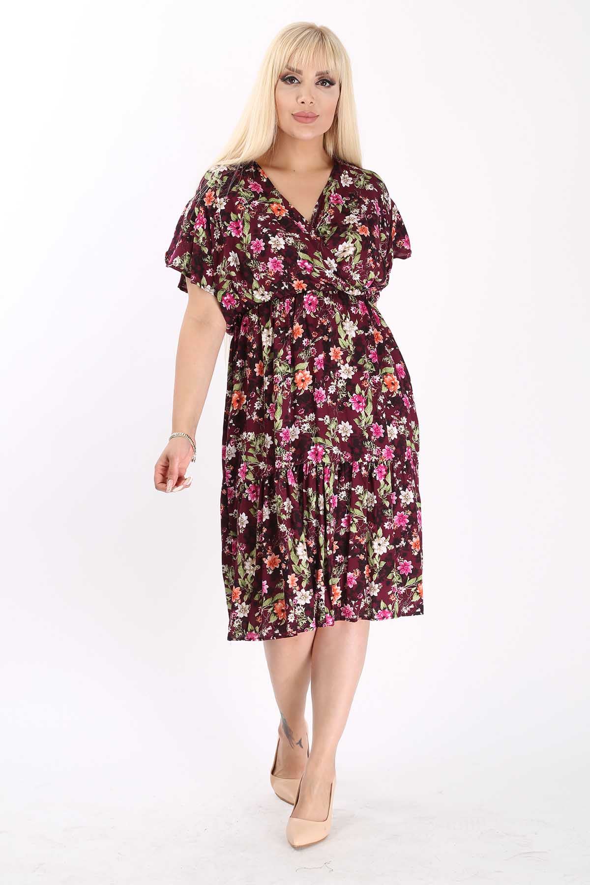 Kadın Kruvaze Yaka Büyük Beden Midi Çiçek Desenli Yazlık Elbise 12A-6097