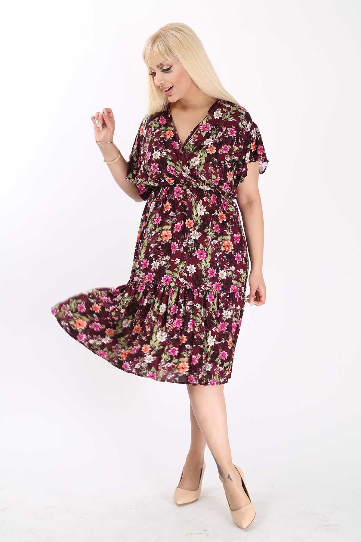 Kadın Kruvaze Yaka Büyük Beden Midi Çiçek Desenli Yazlık Elbise 12A-6097