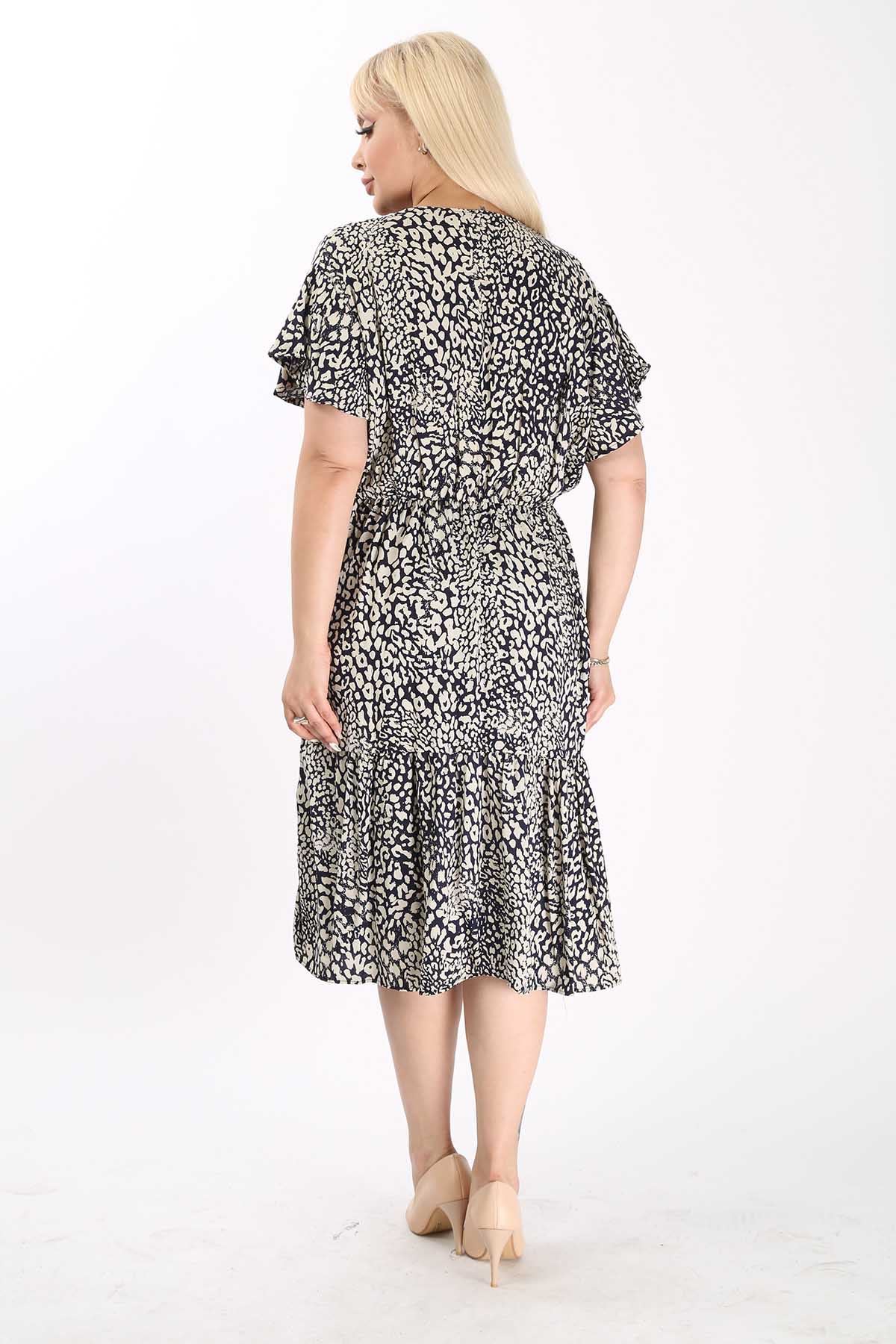 Kadın Kruvaze Yaka Büyük Beden Midi Desenli Yazlık Elbise 12A-6098