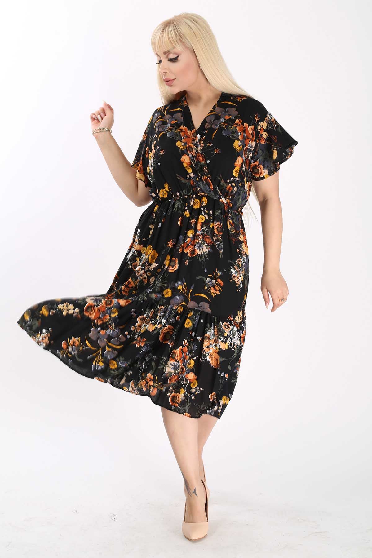 Kadın Kruvaze Yaka Büyük Beden Midi Çiçek Desenli Yazlık Elbise 12A-6099