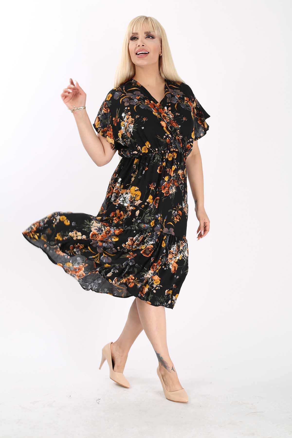 Kadın Kruvaze Yaka Büyük Beden Midi Çiçek Desenli Yazlık Elbise 12A-6099