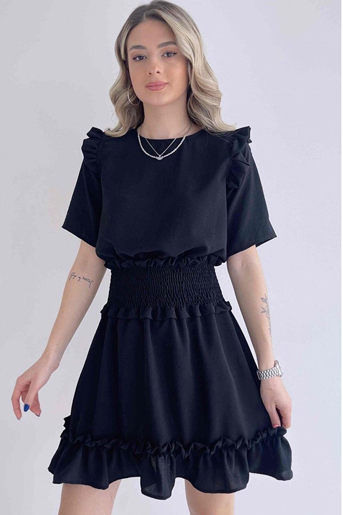 Kadın Aerobin Kumaş Beli Gipeli Kısa Kollu Siyah Mini Elbise 1E-6092