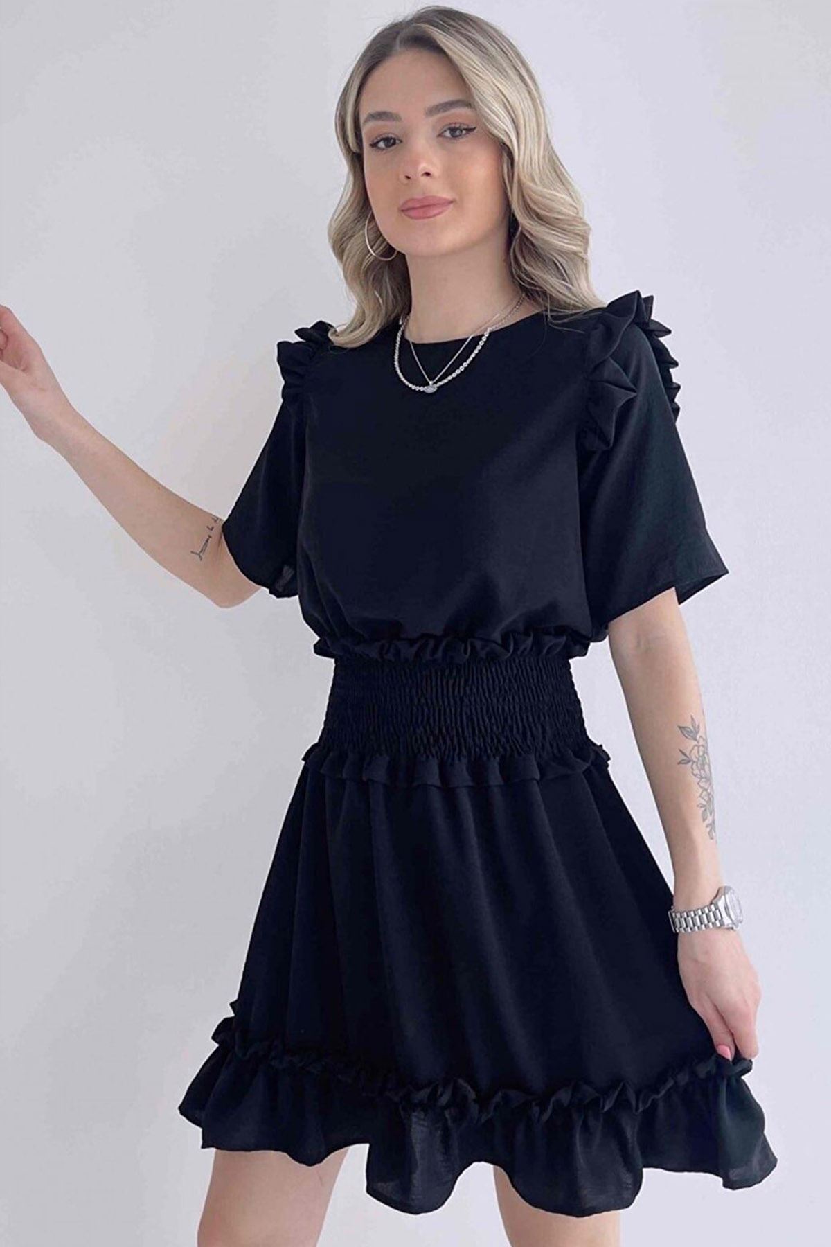 Kadın Aerobin Kumaş Beli Gipeli Kısa Kollu Siyah Mini Elbise 1E-6092