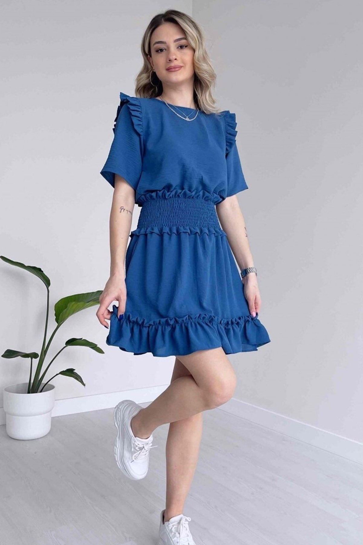 Kadın Aerobin Kumaş Beli Gipeli Kısa Kollu Mavi Mini Elbise 1E-6091