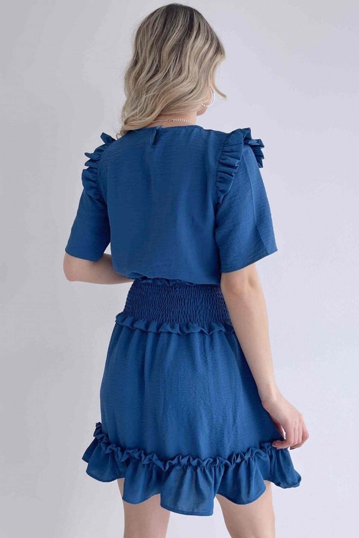 Kadın Aerobin Kumaş Beli Gipeli Kısa Kollu Mavi Mini Elbise 1E-6091