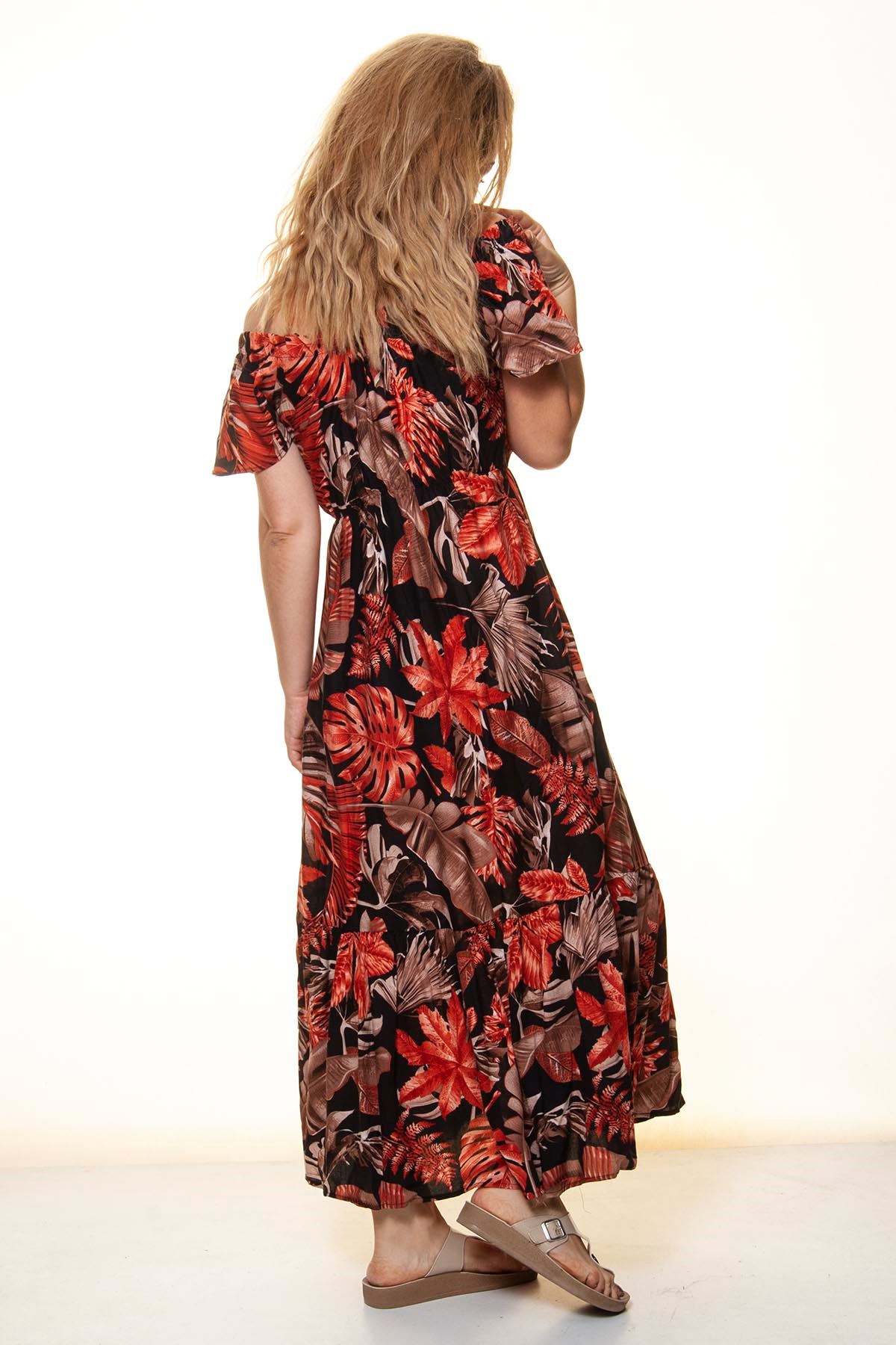 Kadın Madonna Yaka Gipeli Çiçek Desenli Yazlık Uzun Elbise 12A-6016