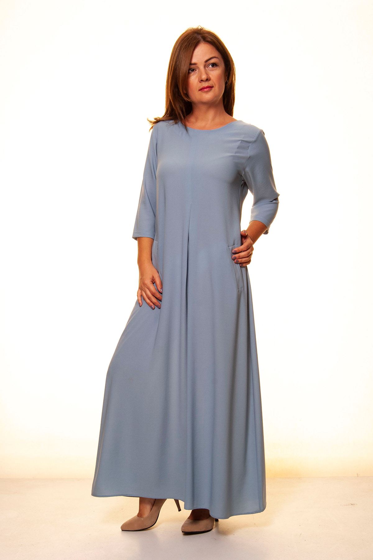 Kadın Büyük Beden Bebe Mavi Uzun Cepli Elbise A3-4042