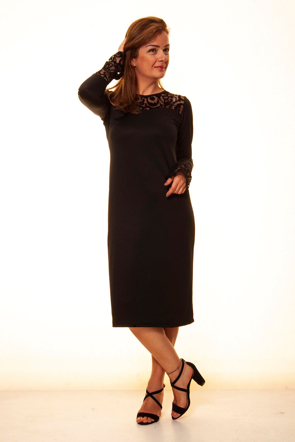 Kadın İspanyol Dantel Kol Siyah Elbise 10C-1097