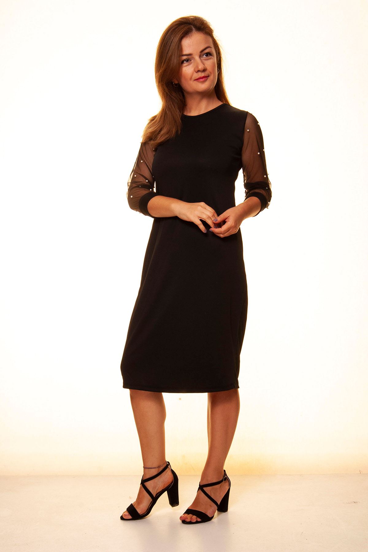Kadın Düz Siyah Kolları Tül İncili Zarif Elbise 10D-1098