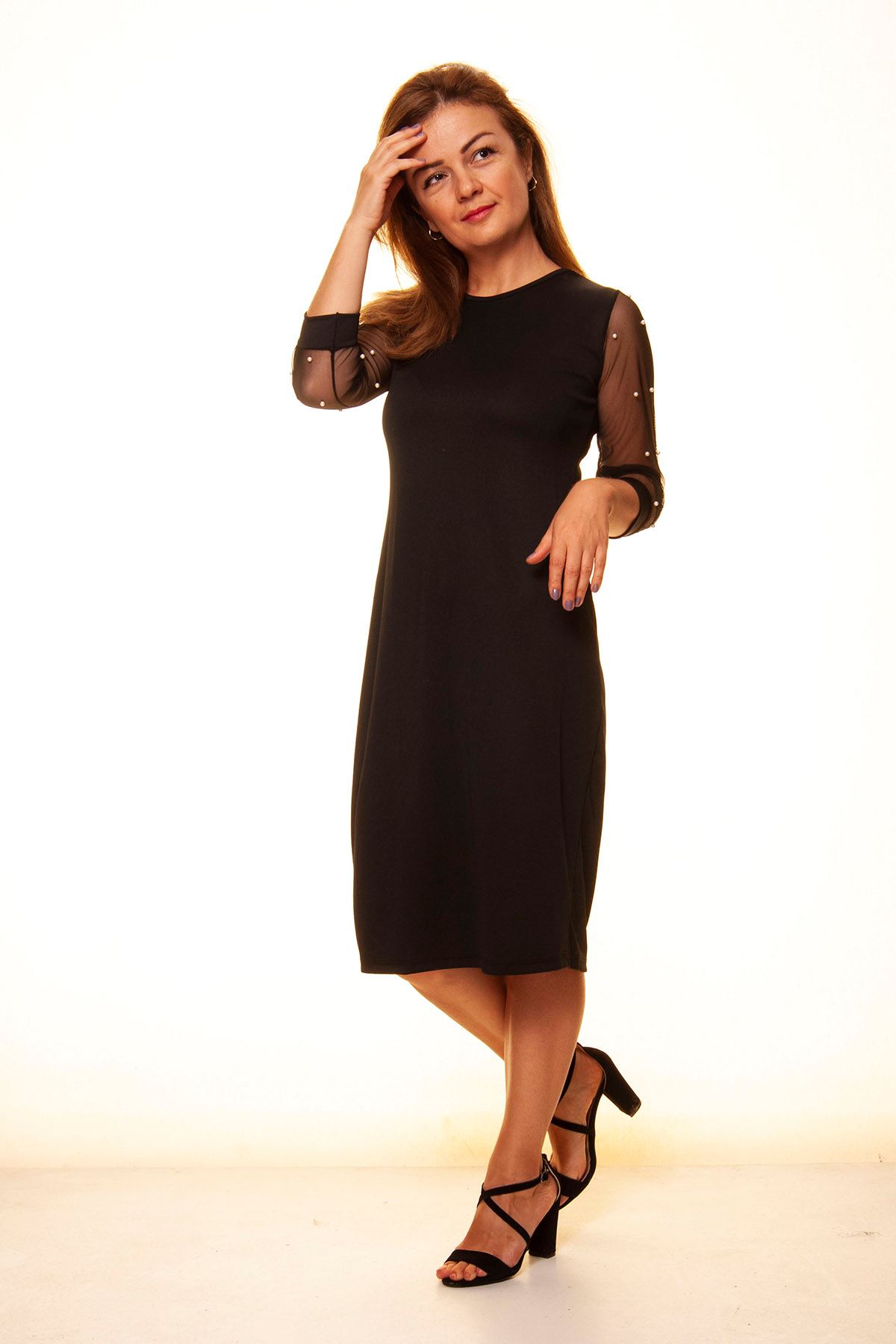 Kadın Düz Siyah Kolları Tül İncili Zarif Elbise 10D-1098