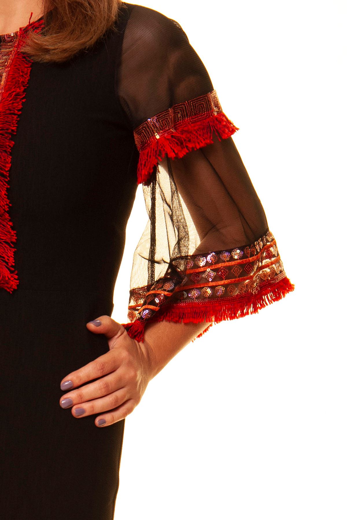 Kadın Siyah Kırmızı İşlemeli İspanyol Kol Püsküllü Otantik Elbise 4E-1103