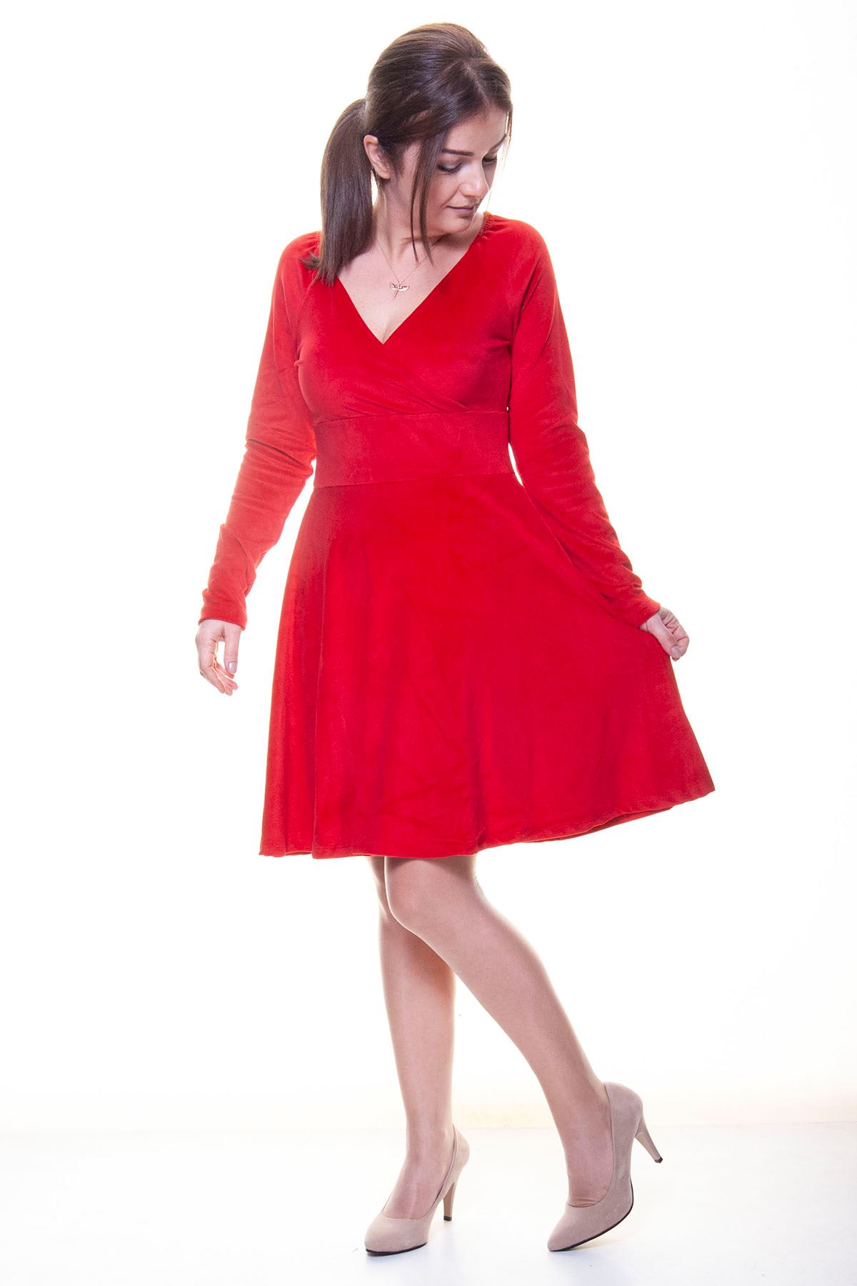 Kadın Kadife Kırmızı Kruvaze Yaka Kloş Elbise 2C-6044