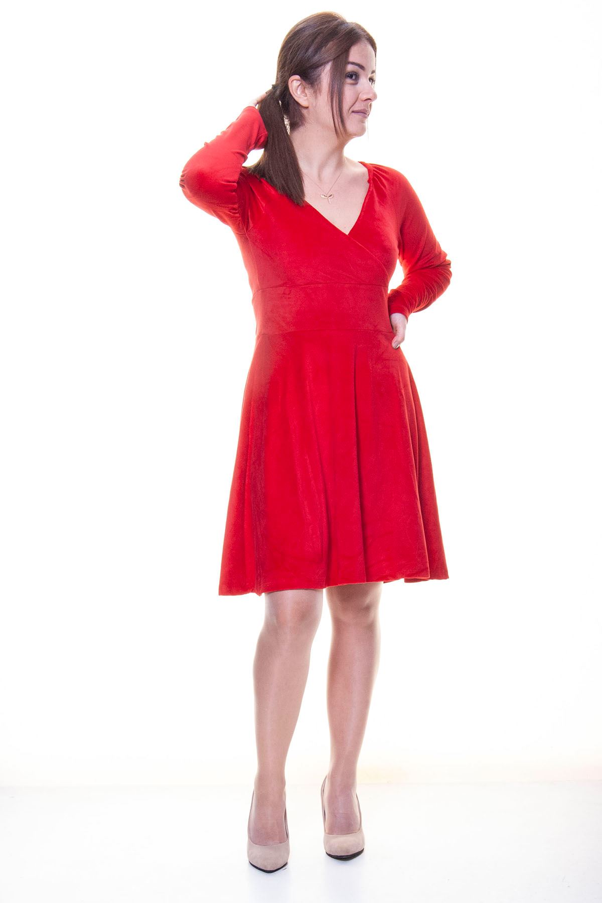 Kadın Kadife Kırmızı Kruvaze Yaka Kloş Elbise 2C-6044