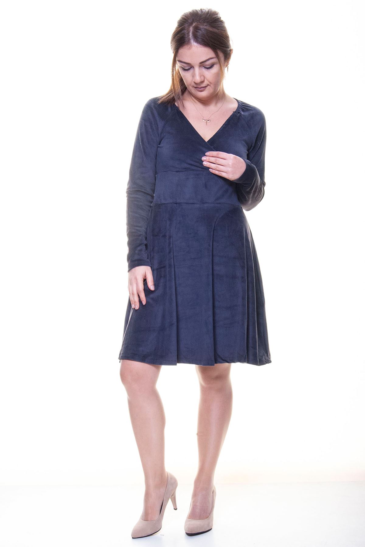 Kadın Kadife Antrasit Kruvaze Yaka Kloş Elbise 2C-6042