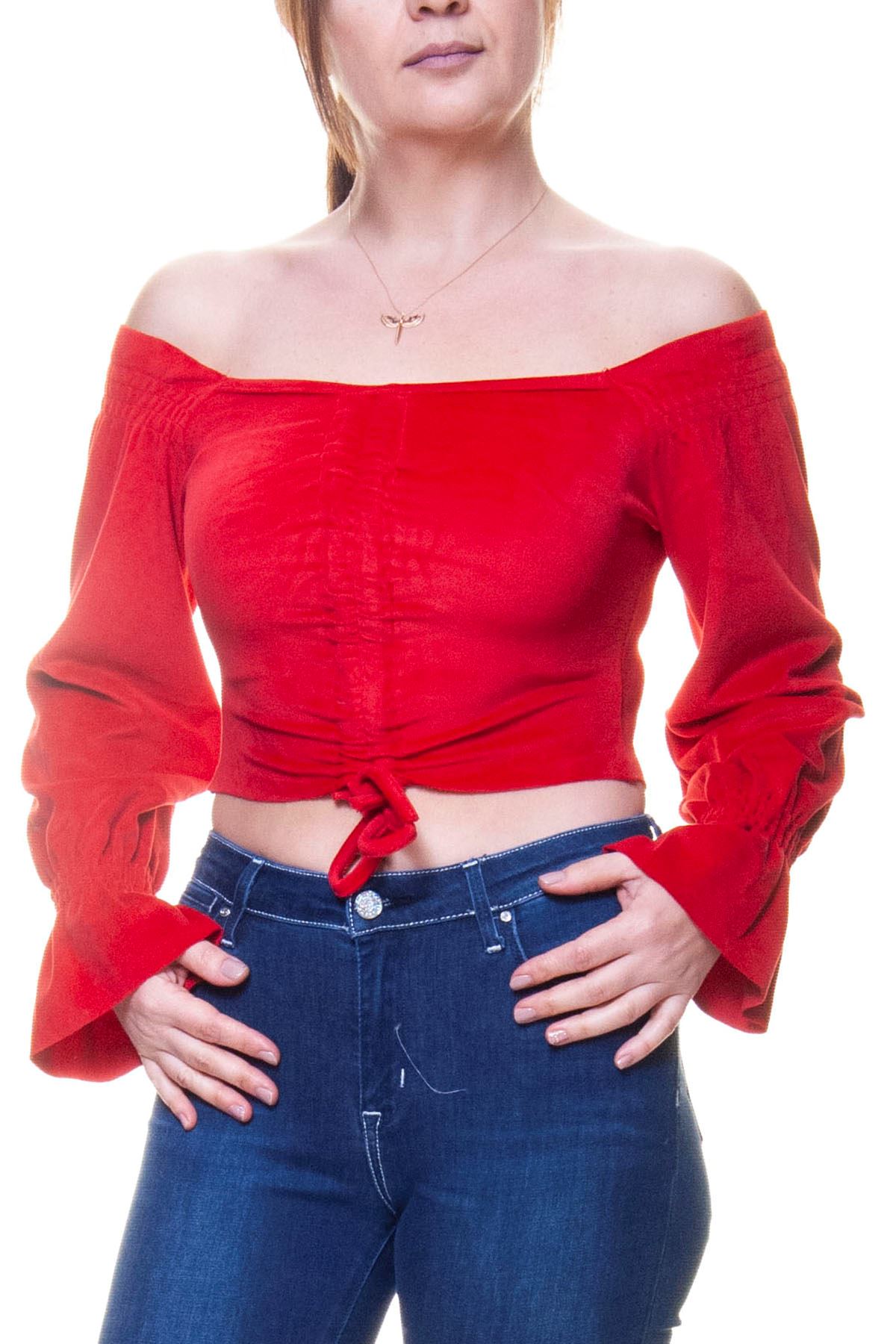 Kadın Kadife Kumaş Kırmızı Büzgülü Crop Bluz 12D-6041