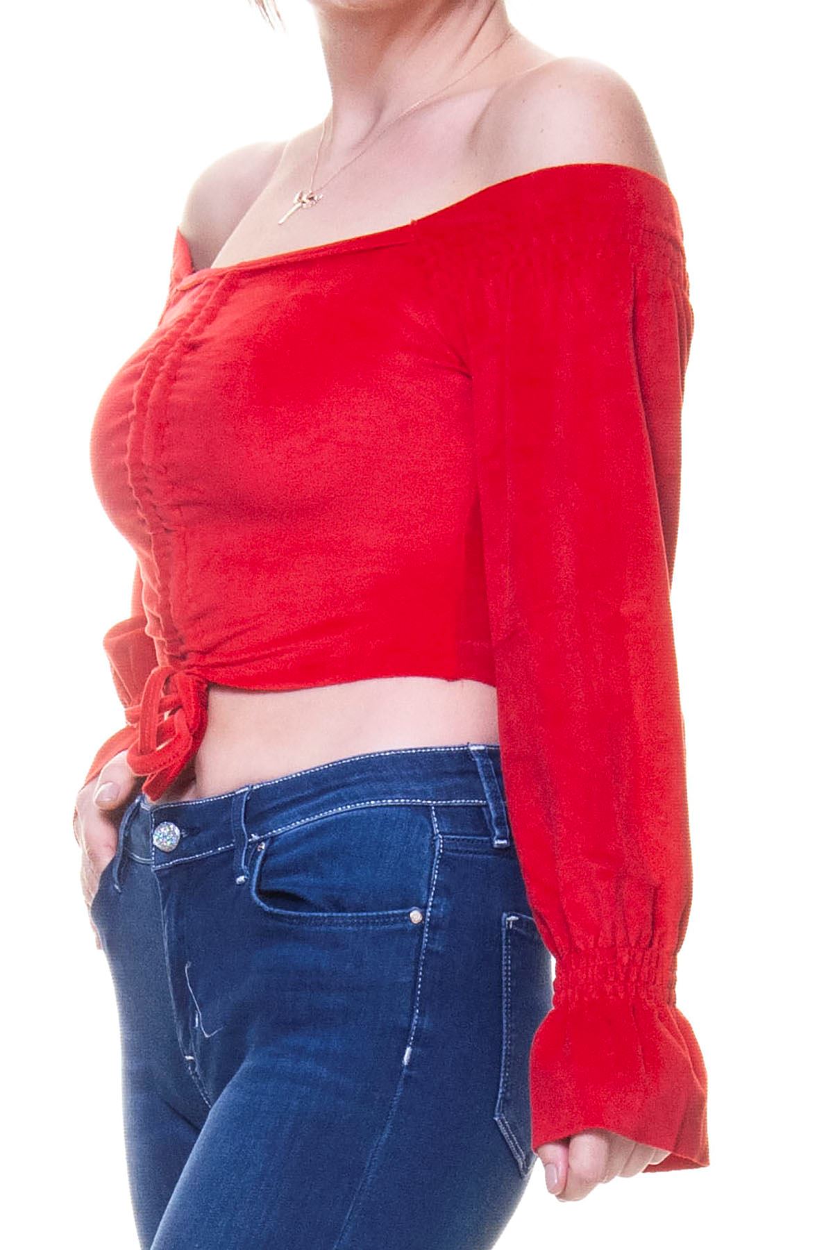 Kadın Kadife Kumaş Kırmızı Büzgülü Crop Bluz 12D-6041