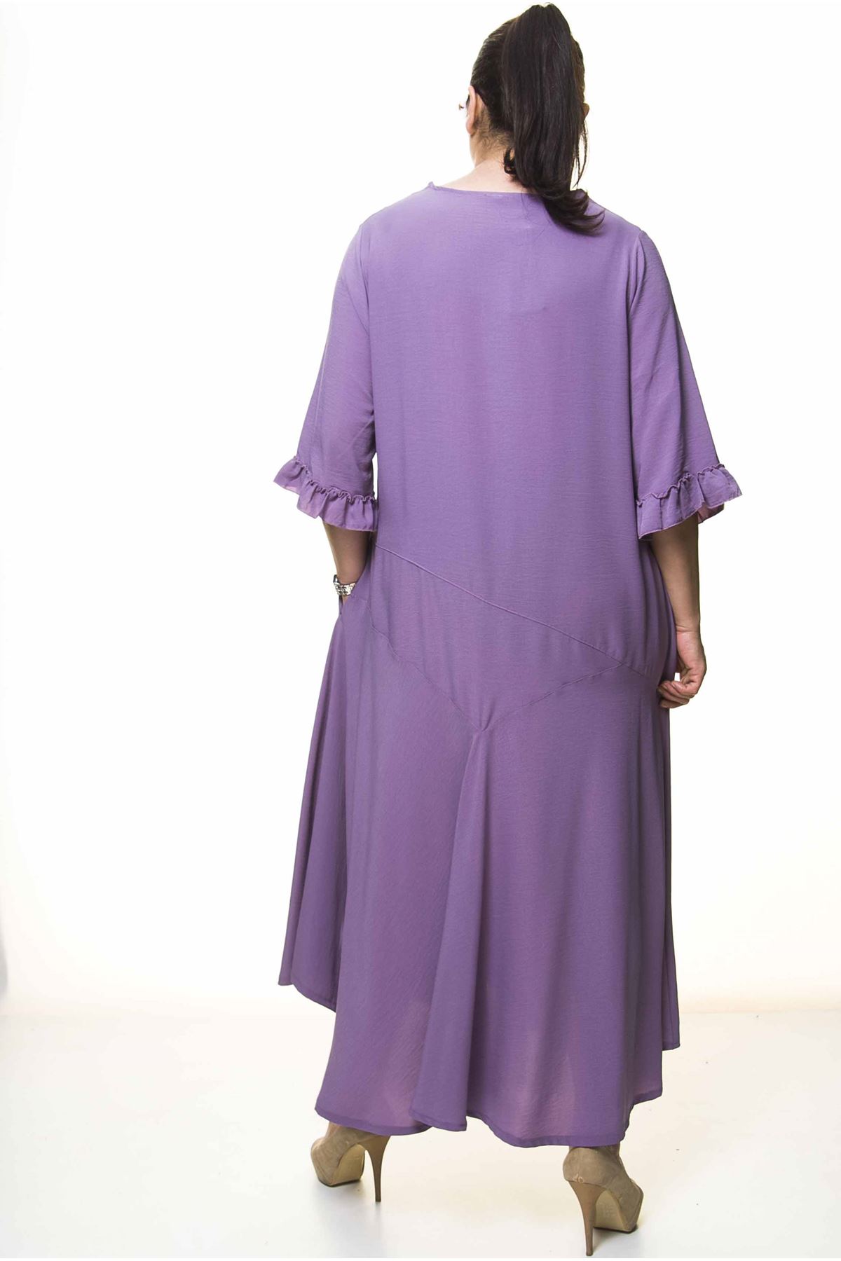 Kadın Büyük Beden Lila Uzun Asimetrik Fırfır Kol  Elbise A3-4100