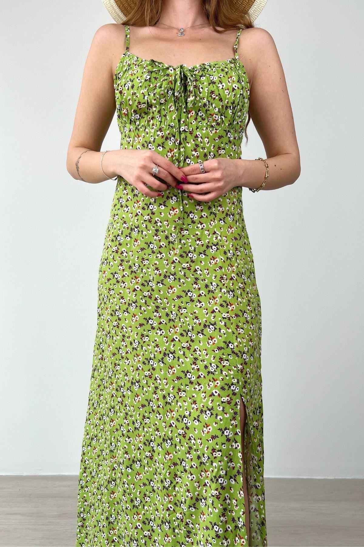 Kadın Askılı Bilek Boy Yeşil Yırtmaçlı Yazlık Dokuma Elbise 12C-2108