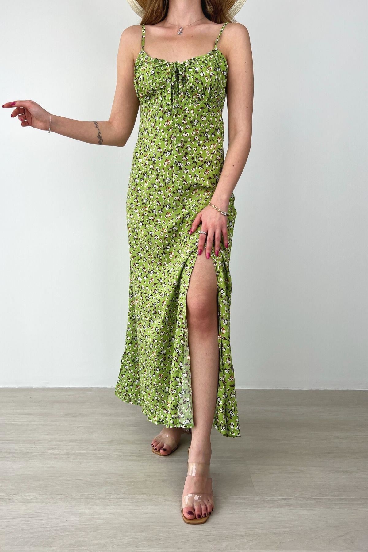 Kadın Askılı Bilek Boy Yeşil Yırtmaçlı Yazlık Dokuma Elbise 12C-2108