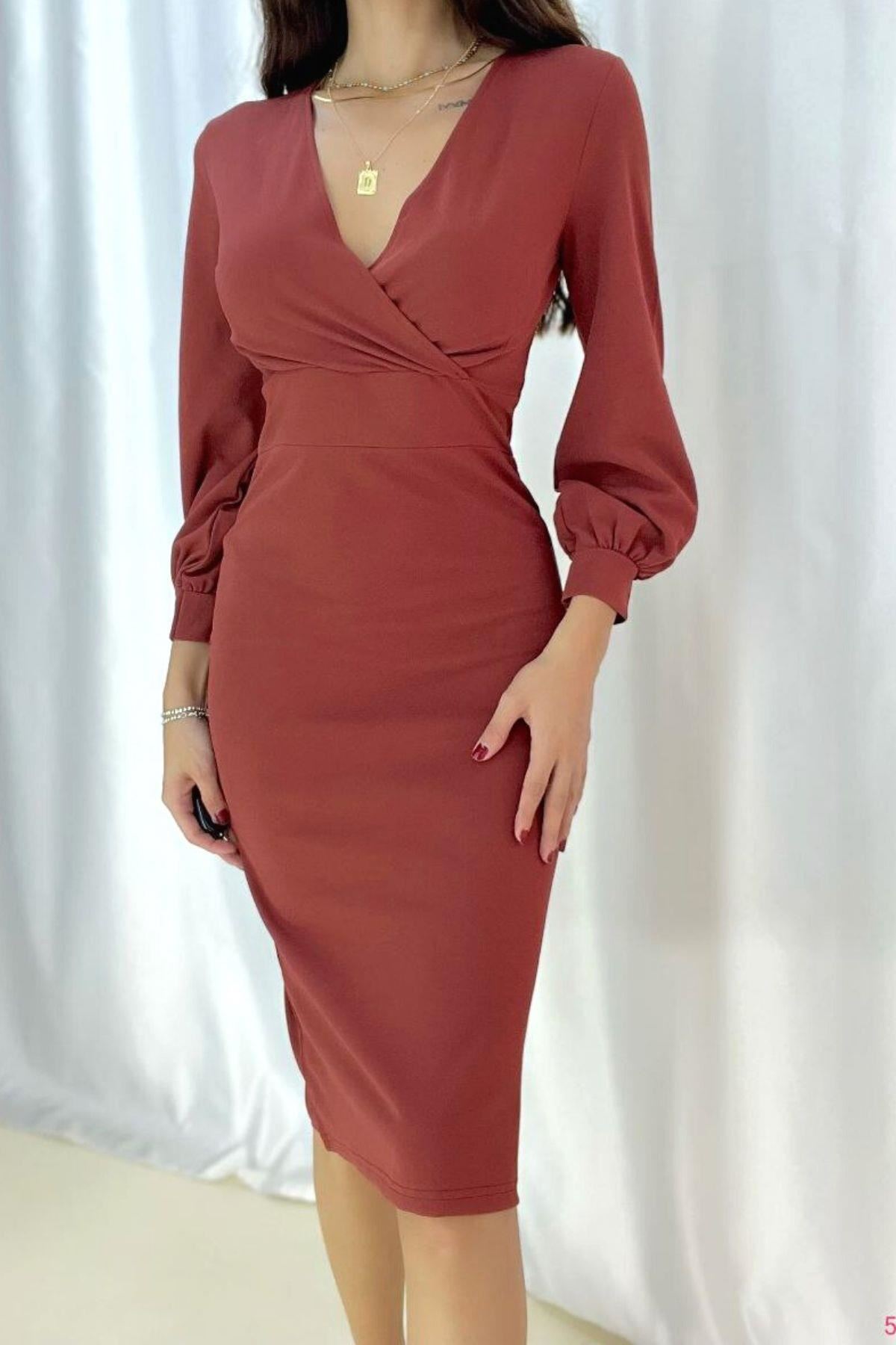 Kadın Kiremit Kruvaze Yaka Kol Manşetli Midi Elbise 6D-2115