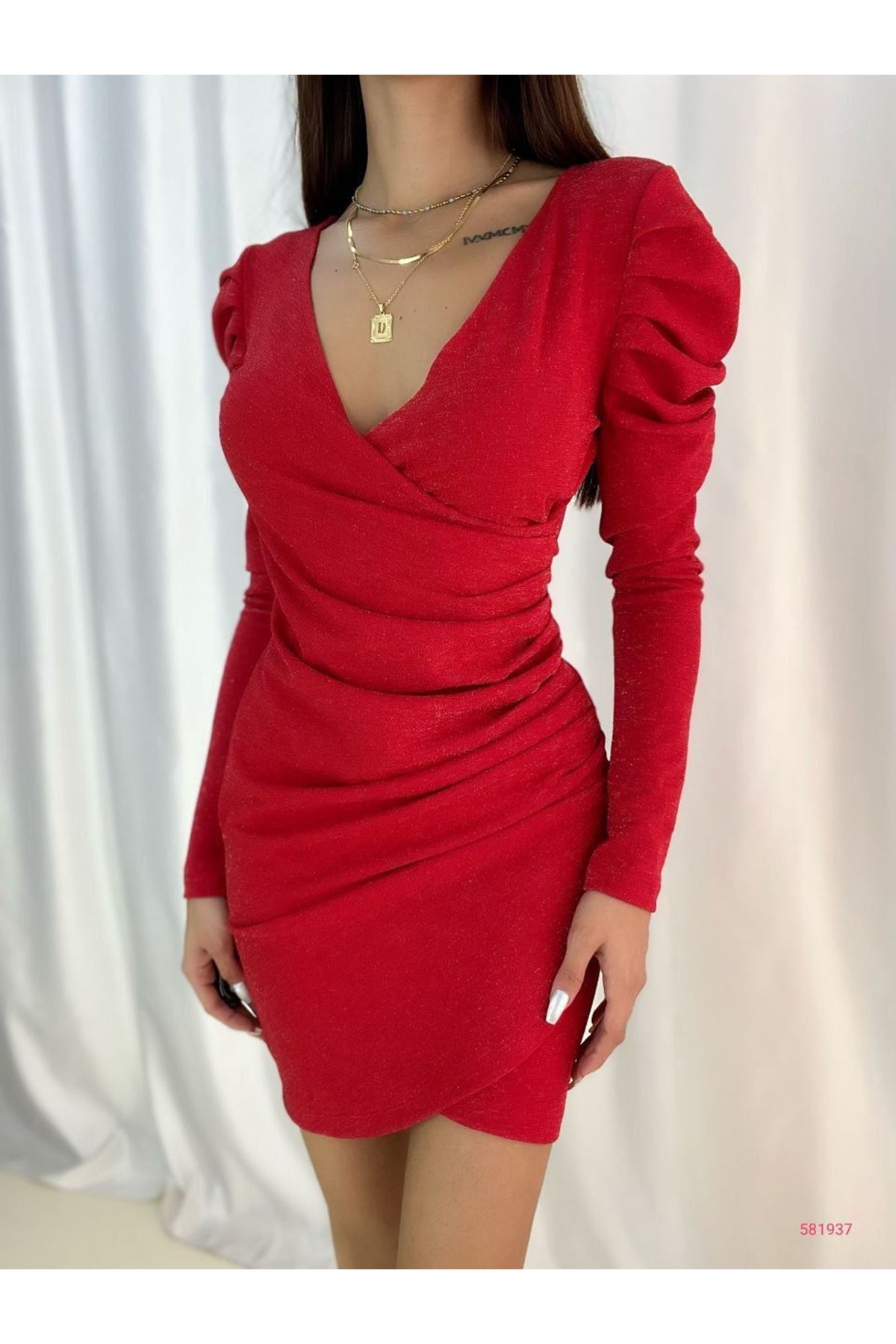 Kadın Kırmızı Simli Prenses Uzun Kollu Kruvaze Yaka Krep Kumaş Abiye Elbise 5D-2119