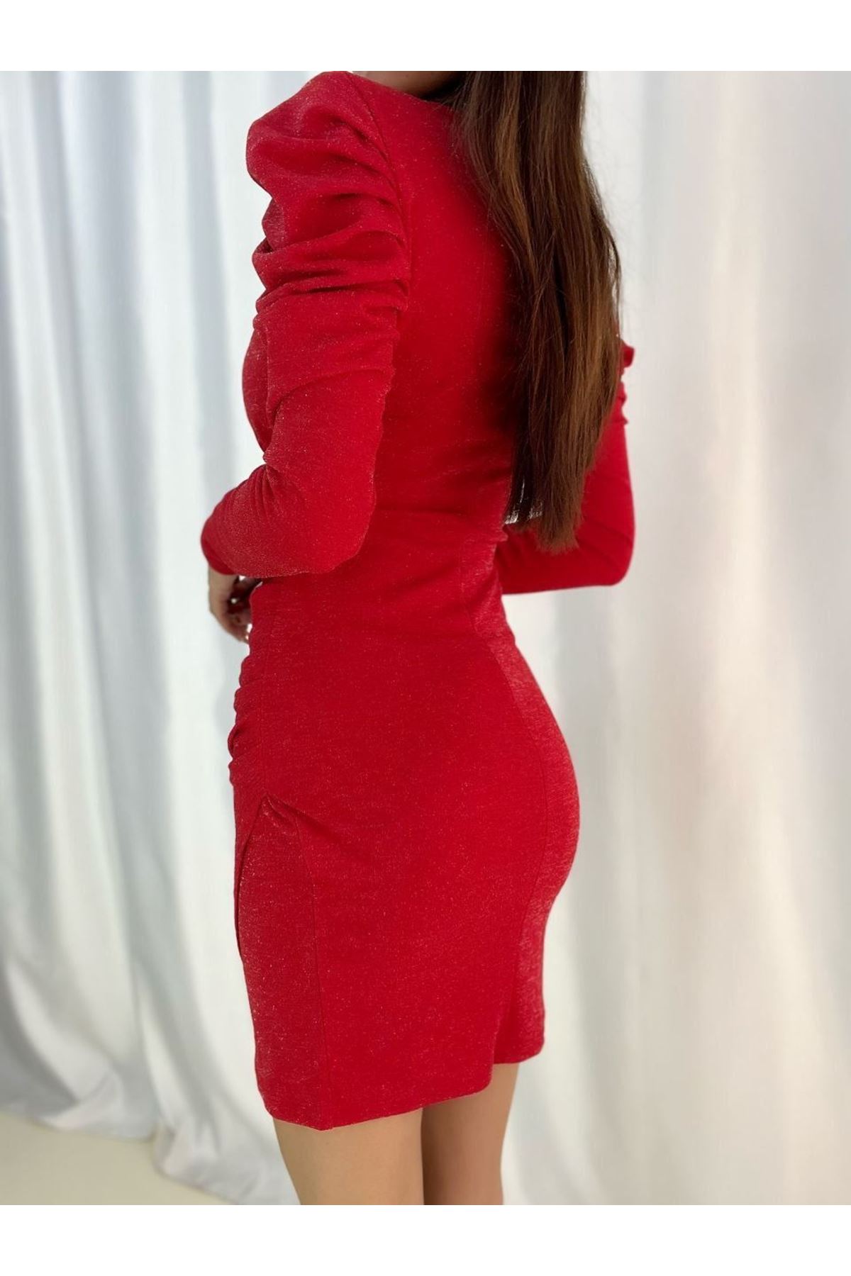Kadın Kırmızı Simli Prenses Uzun Kollu Kruvaze Yaka Krep Kumaş Abiye Elbise 5D-2119