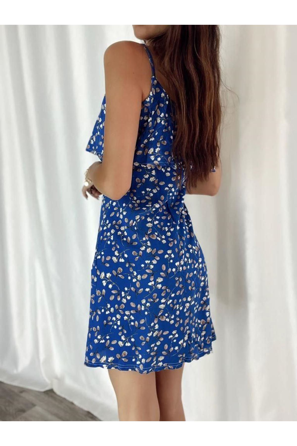 Kadın Mavi Askılı Kısa Pelerin Model Yazlık Dokuma Elbise 6C-2111