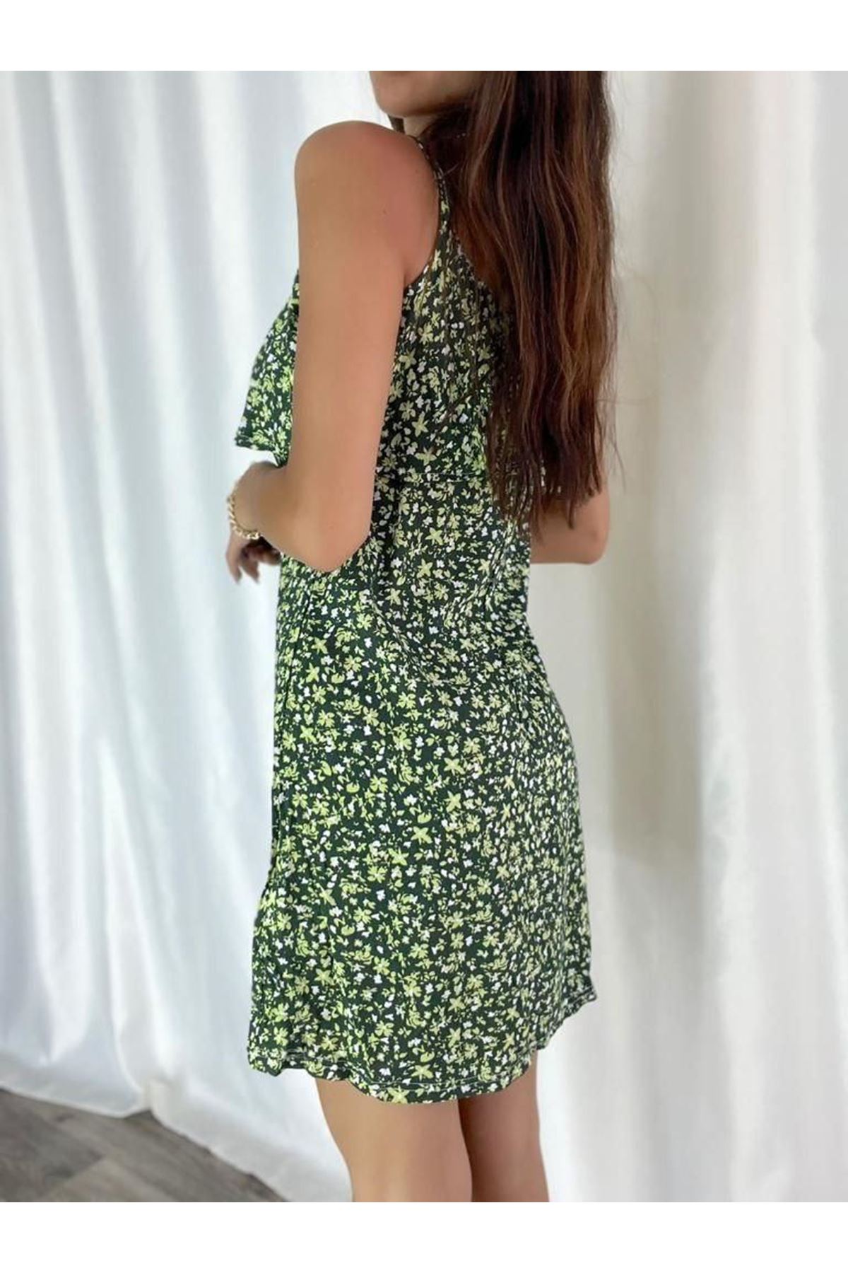 Kadın Yeşil Askılı Kısa Pelerin Model Yazlık Dokuma Elbise 6C-2114