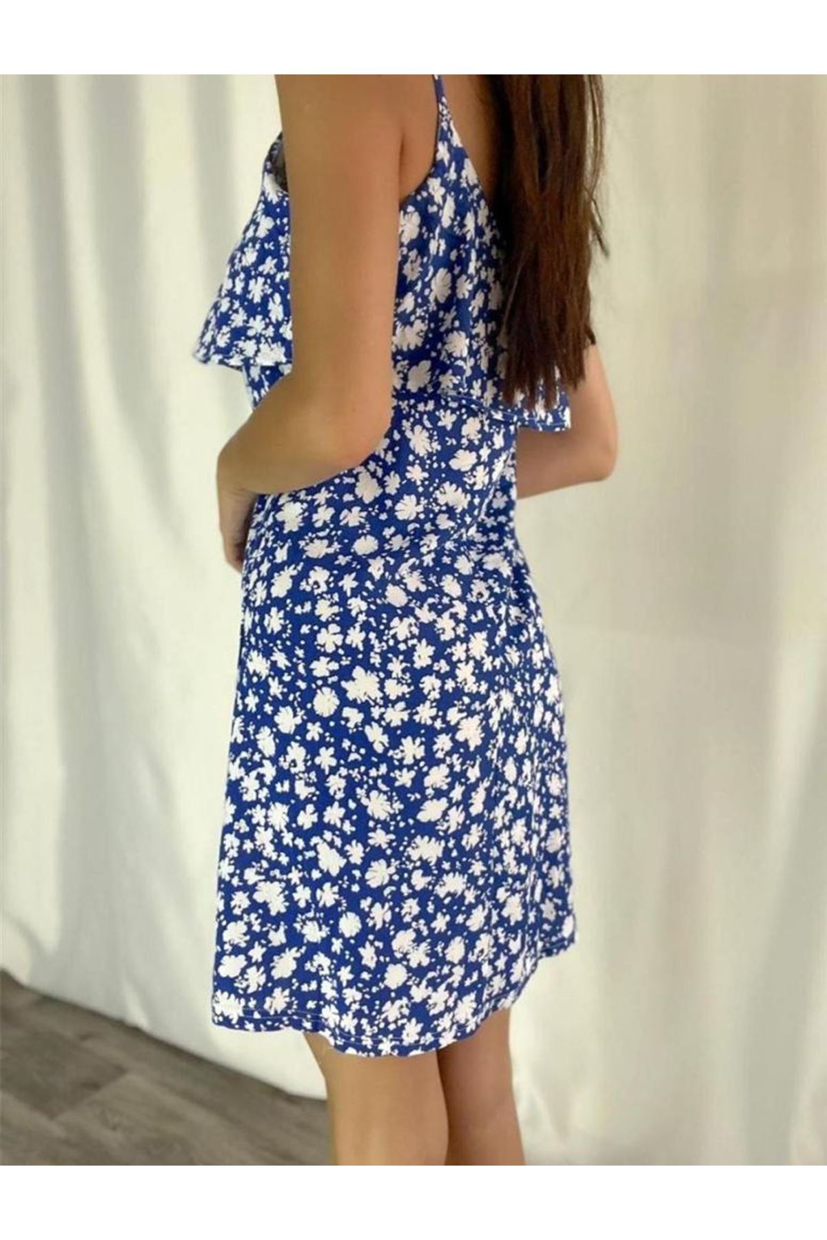 Kadın Mavi Askılı Kısa Pelerin Model Yazlık Dokuma Elbise 3D-2122