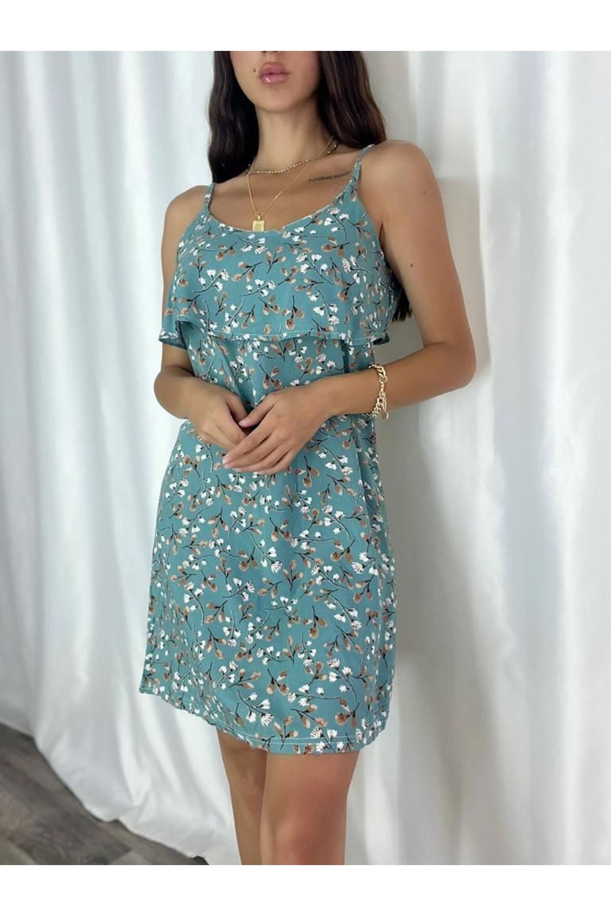 Kadın Mint Askılı Kısa Pelerin Model Yazlık Dokuma Elbise 6C-2124